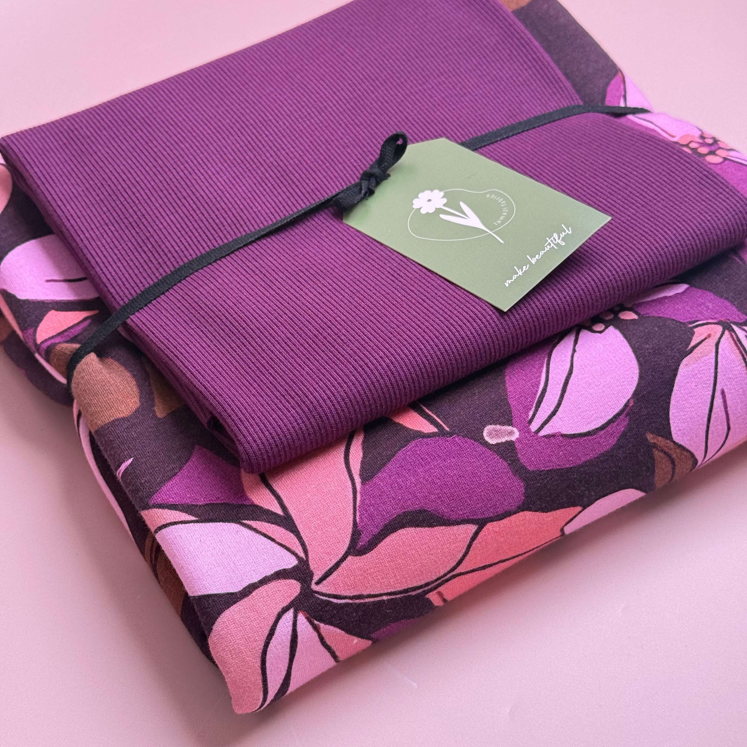 Colour Bundles - Lilies Bordeaux Cotton Sweatshirting & Matching Ribbing
