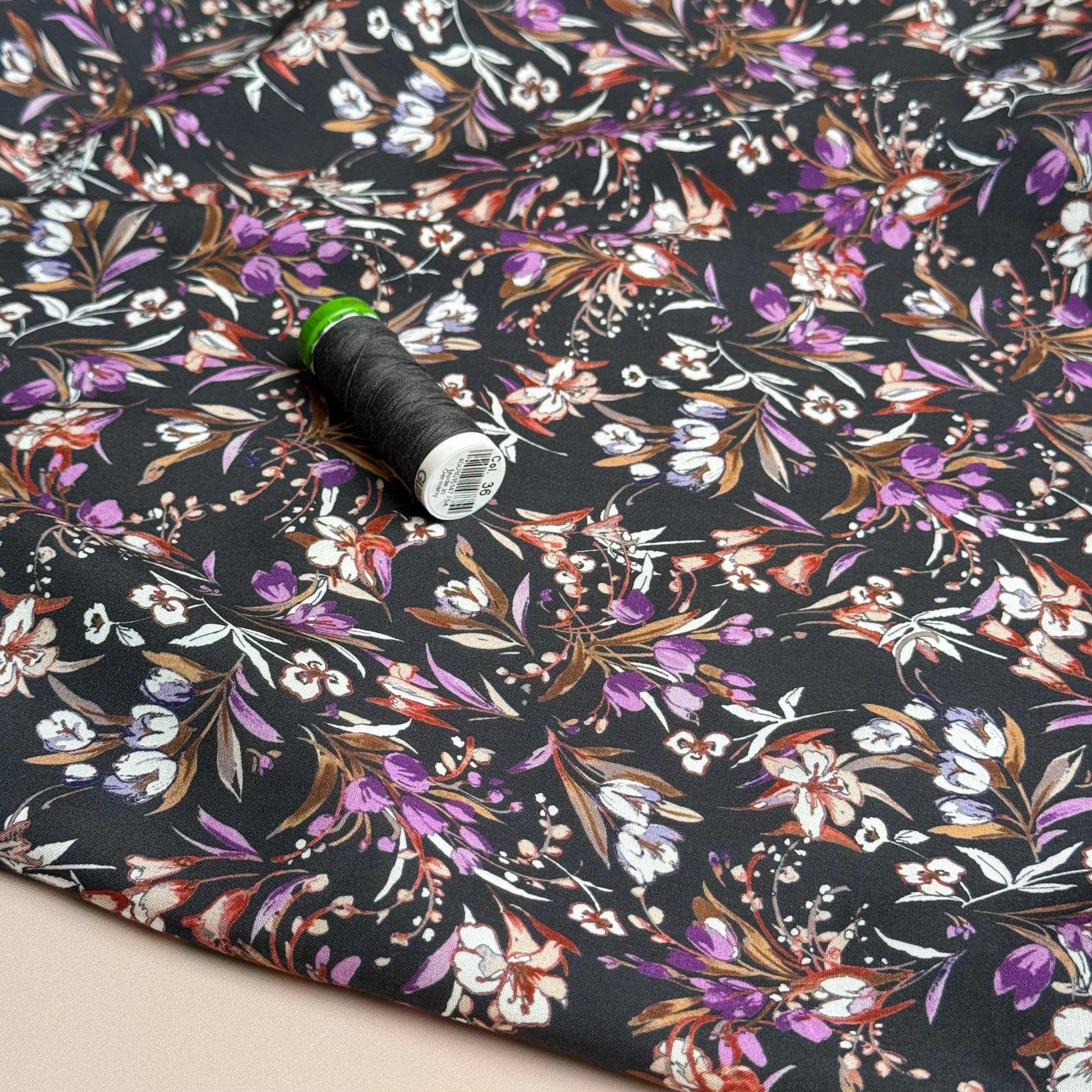 Purple Bouquet on Dark Grey Viscose Poplin Fabric