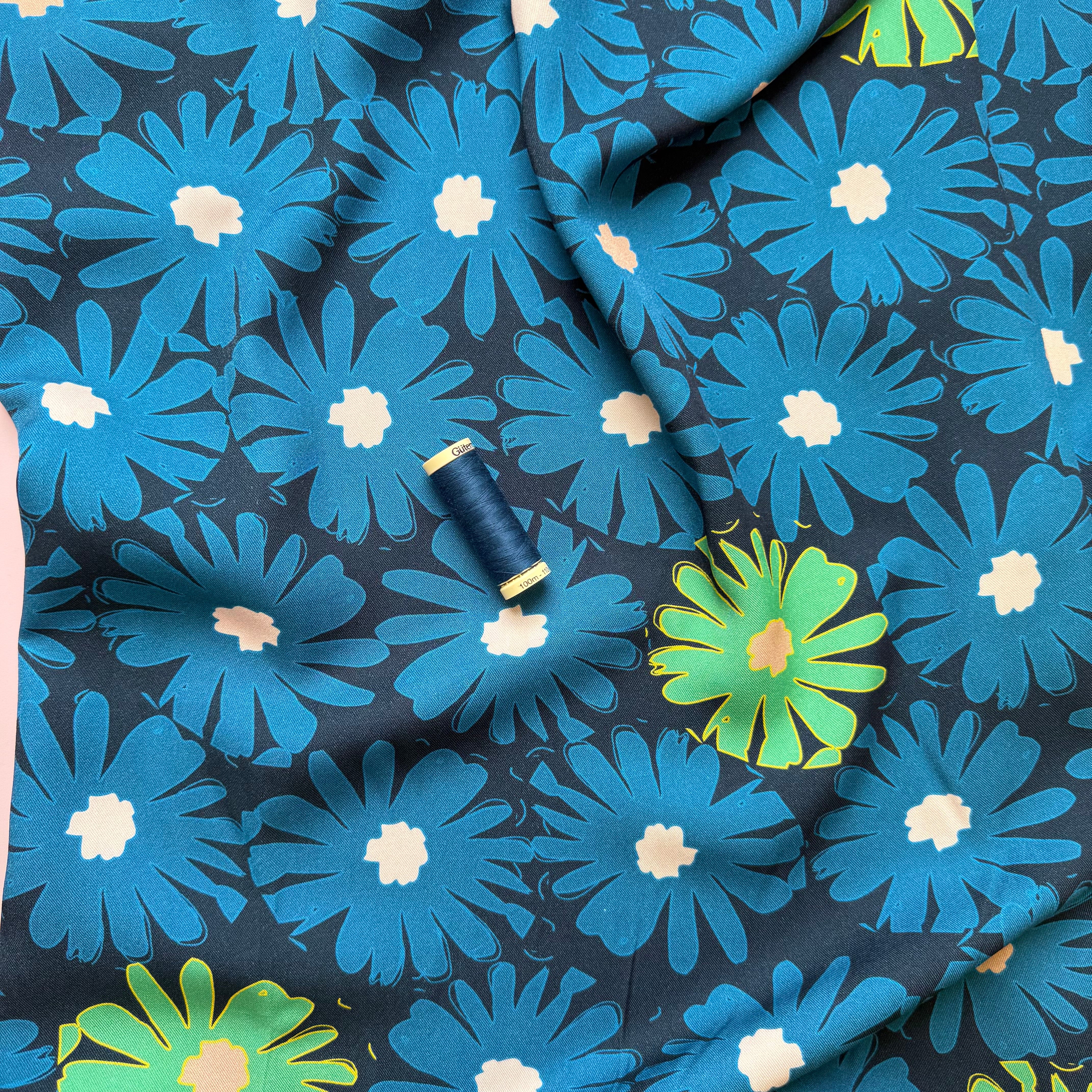 REMNANT 1.6 Metres - Light & Lush - Petrol Blue Daisies Viscose Twill Fabric
