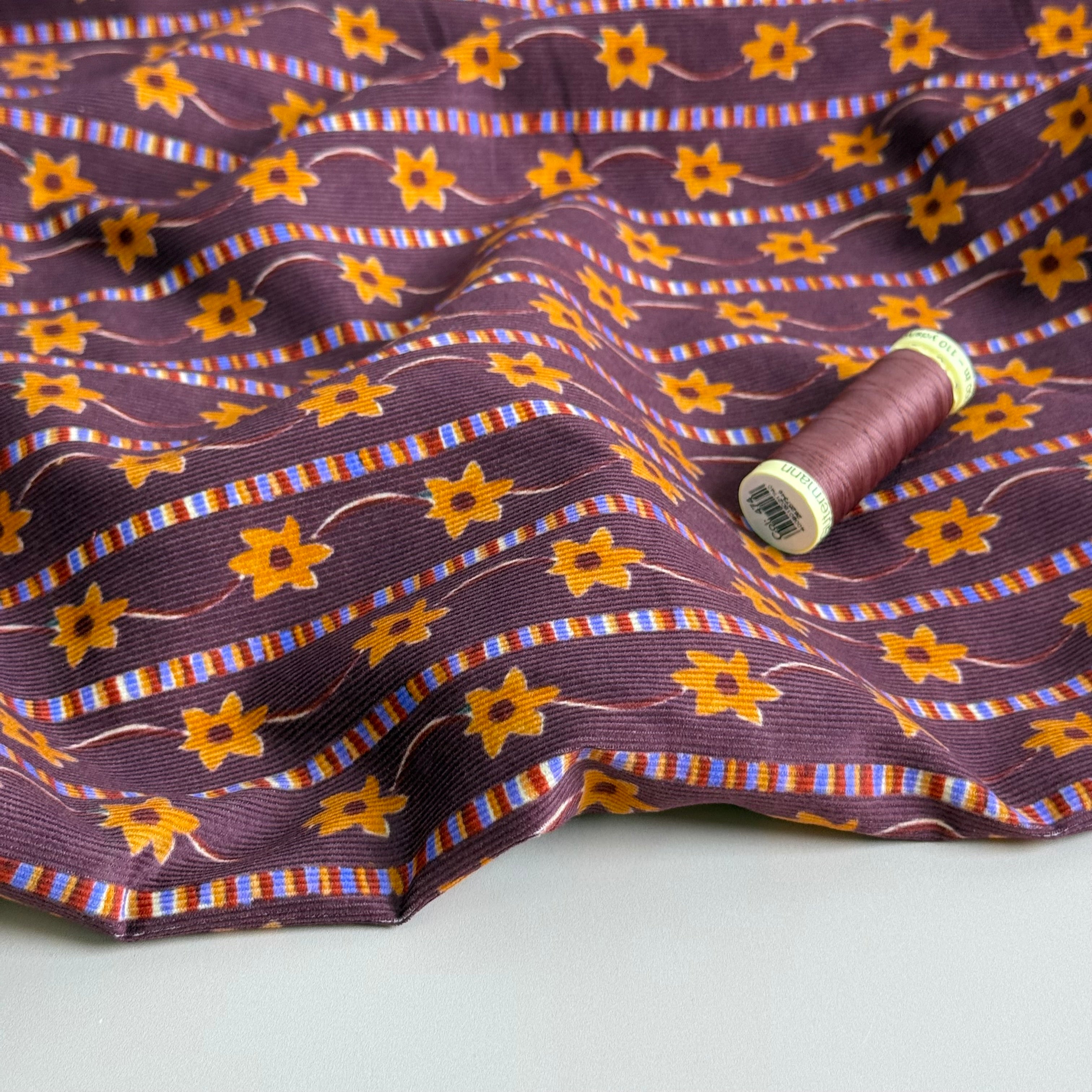 Flower Chain on Burgundy Cotton Needlecord