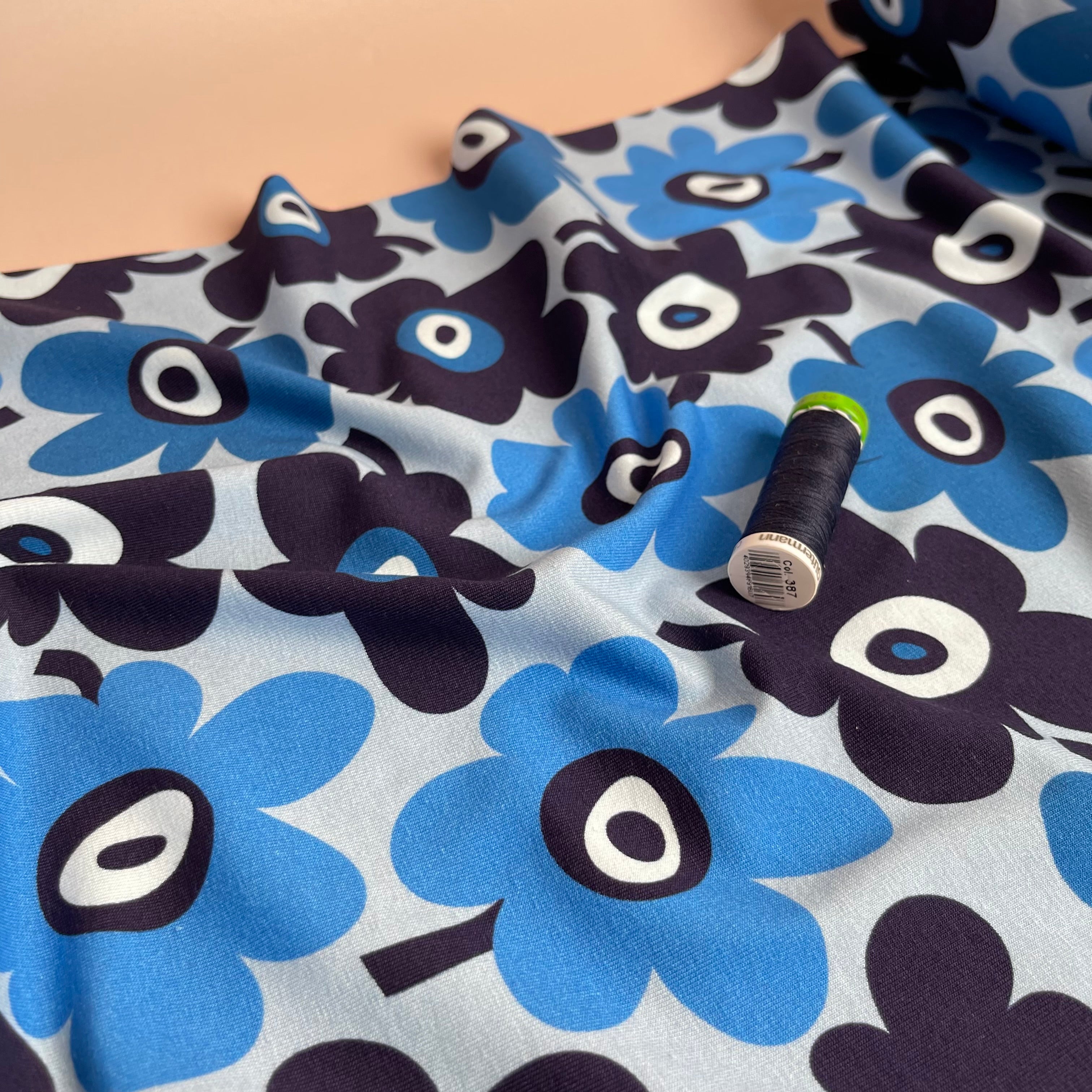 REMNANT 0.5 Metre - Danish Design - Graphic Flowers Blue Cotton Jersey Fabric