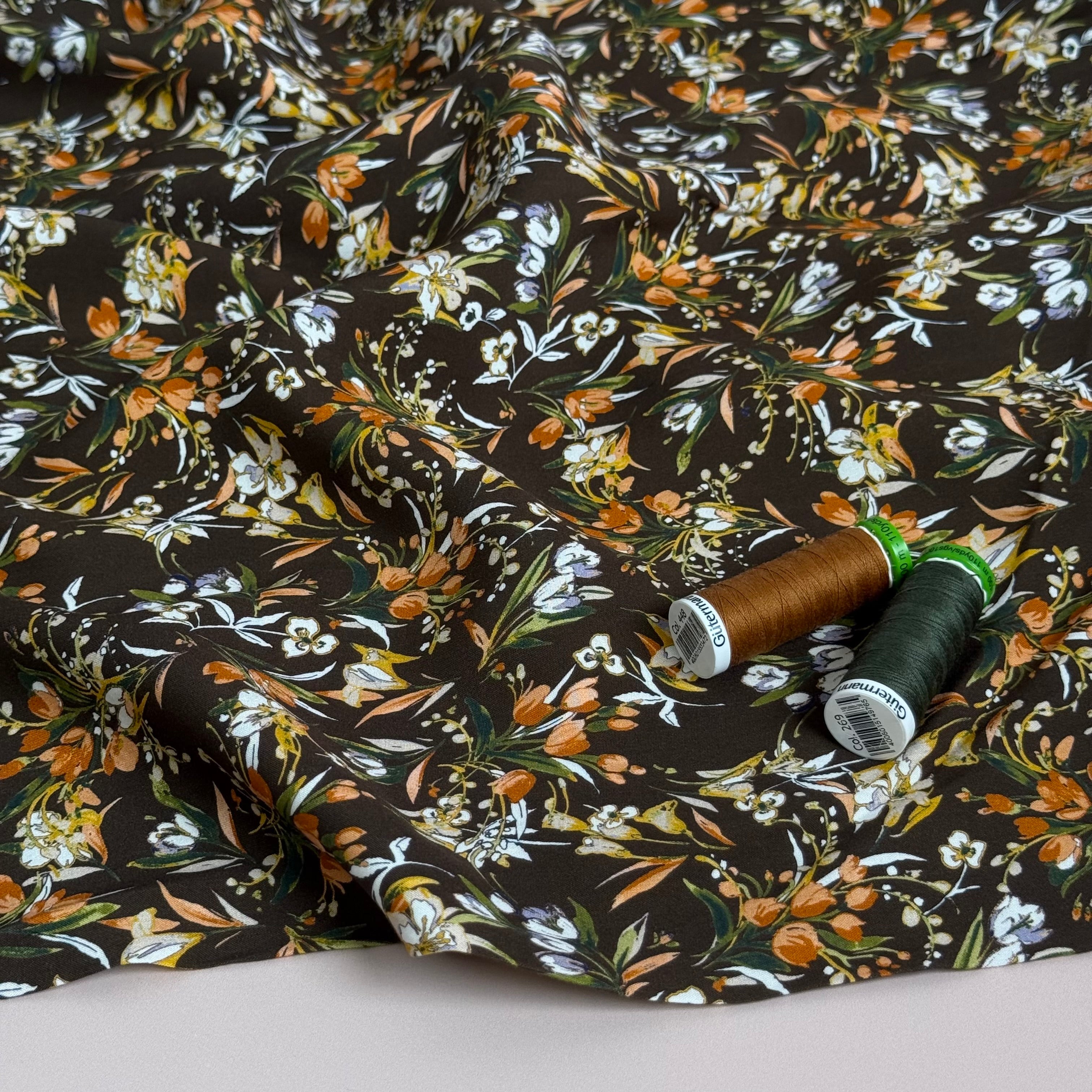 Tulip Bouquet on Brown Viscose Poplin Fabric