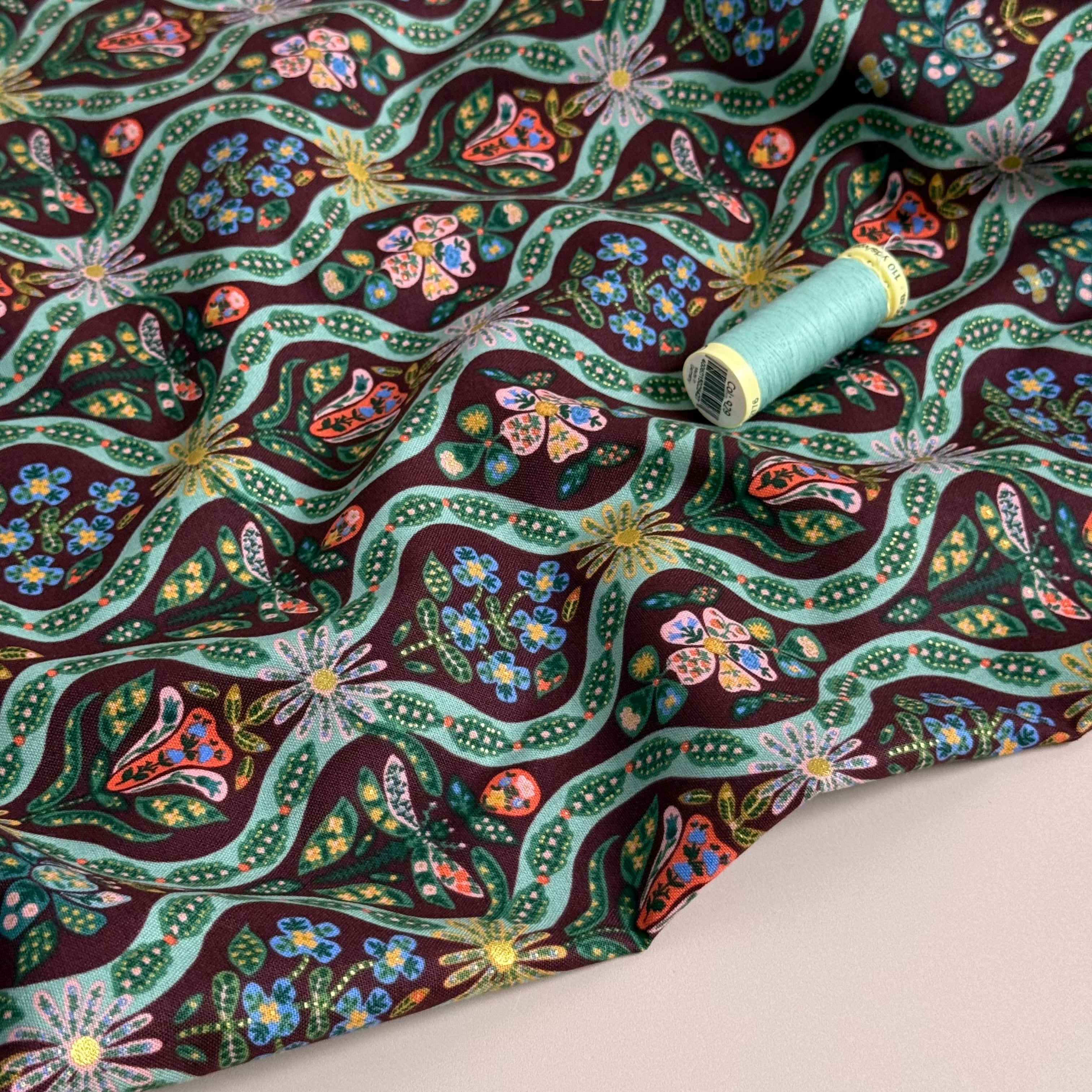 Rifle Paper Co - Posie in Burgundy Metallic Cotton Fabric from English Rose