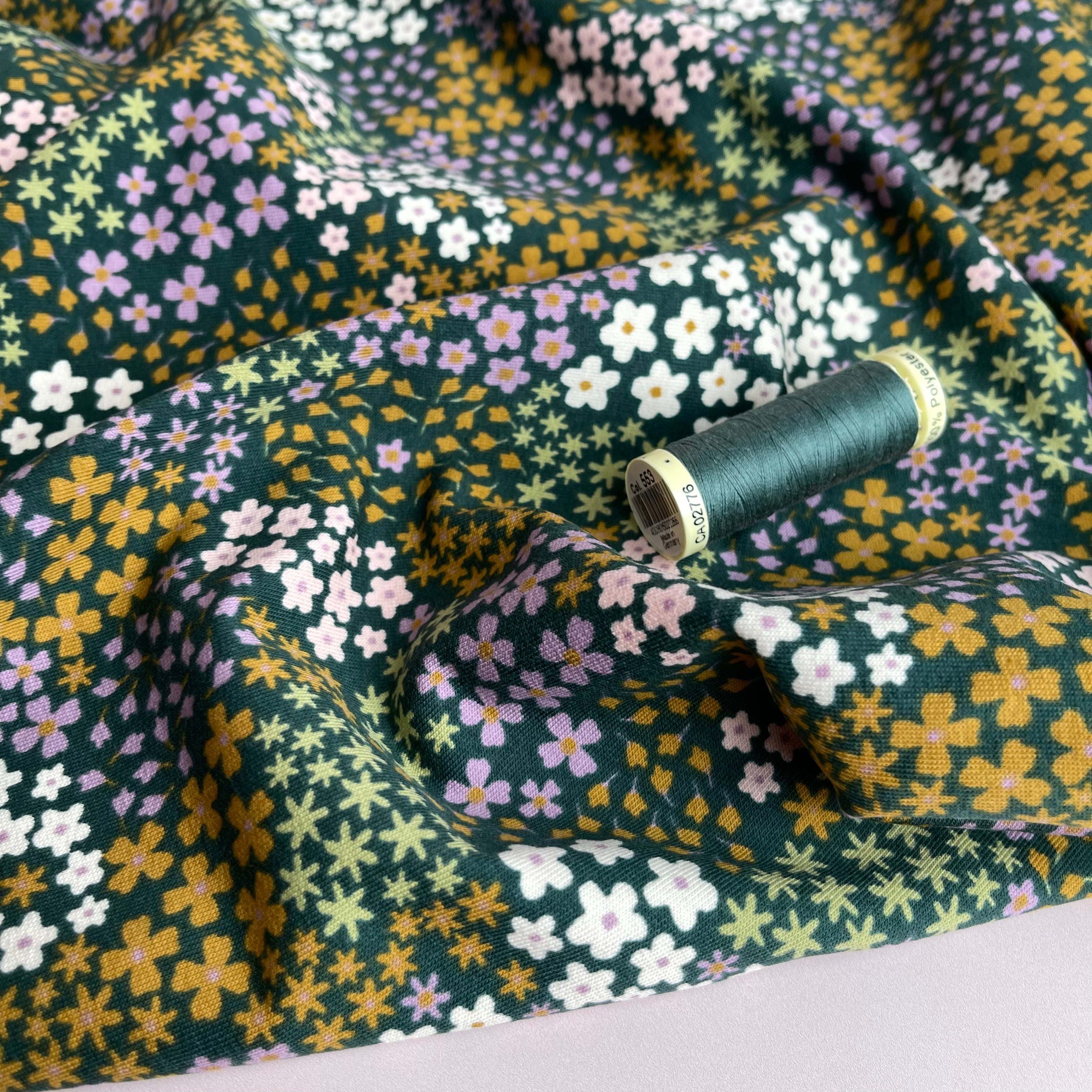 Ditsy Flowers Dark Green Cotton French Terry Fabric