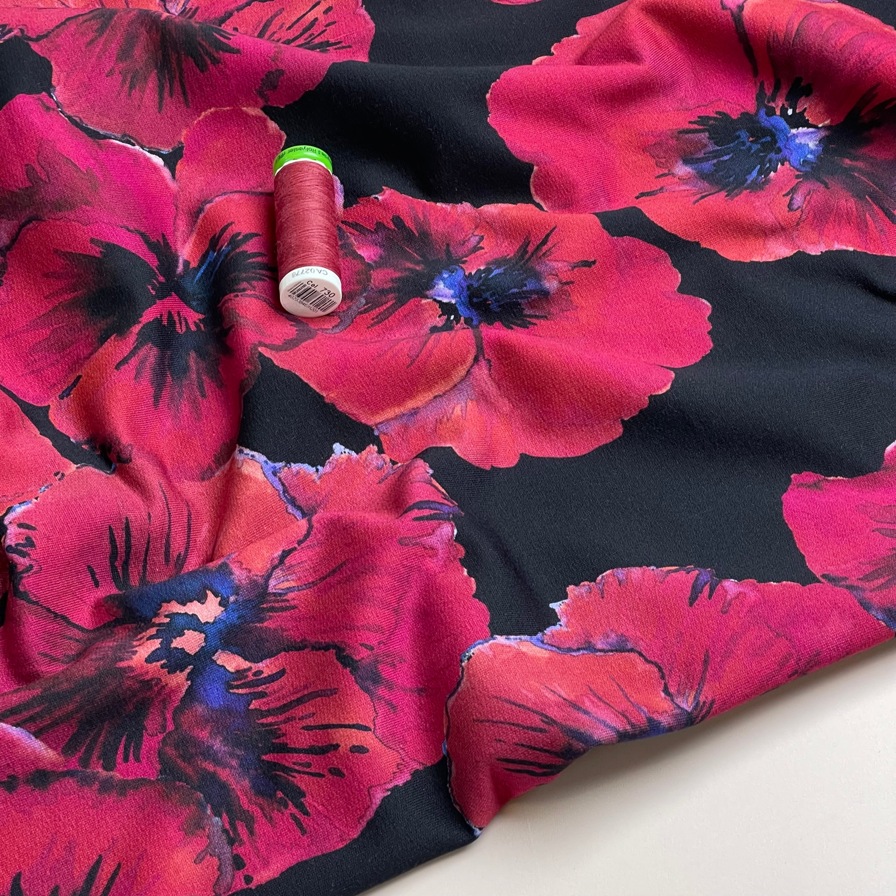 Poppies on Black Cotton French Terry Fabric