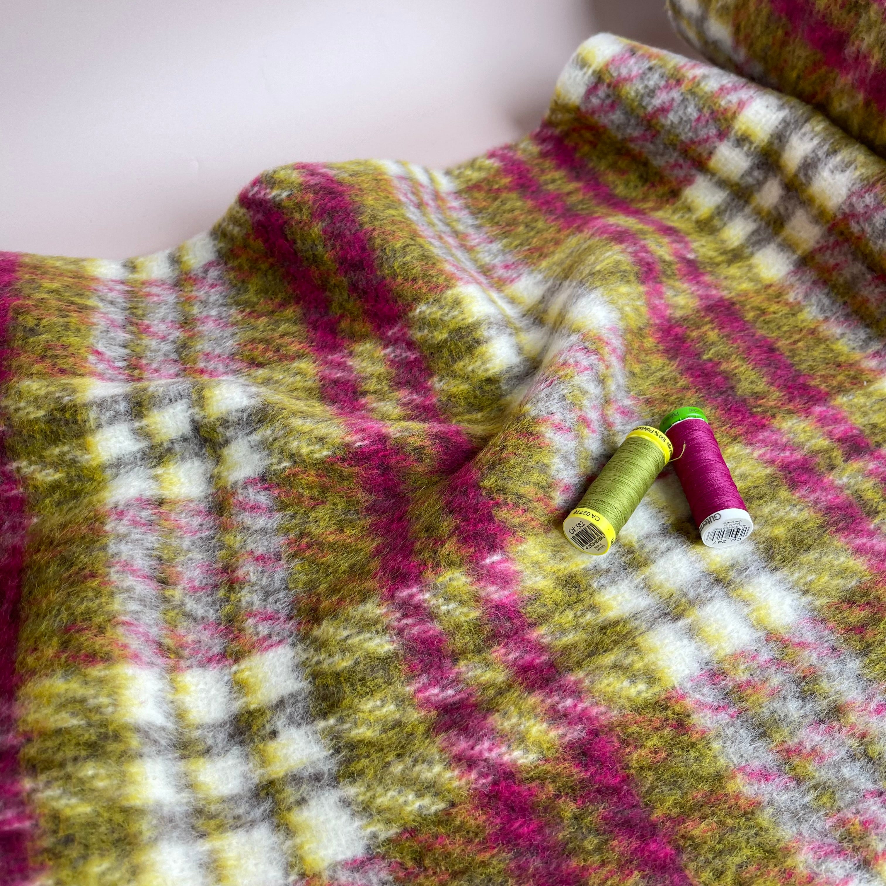 Kirstie in Green and Pink Checked Wool & Cotton Blend Coat Fabric