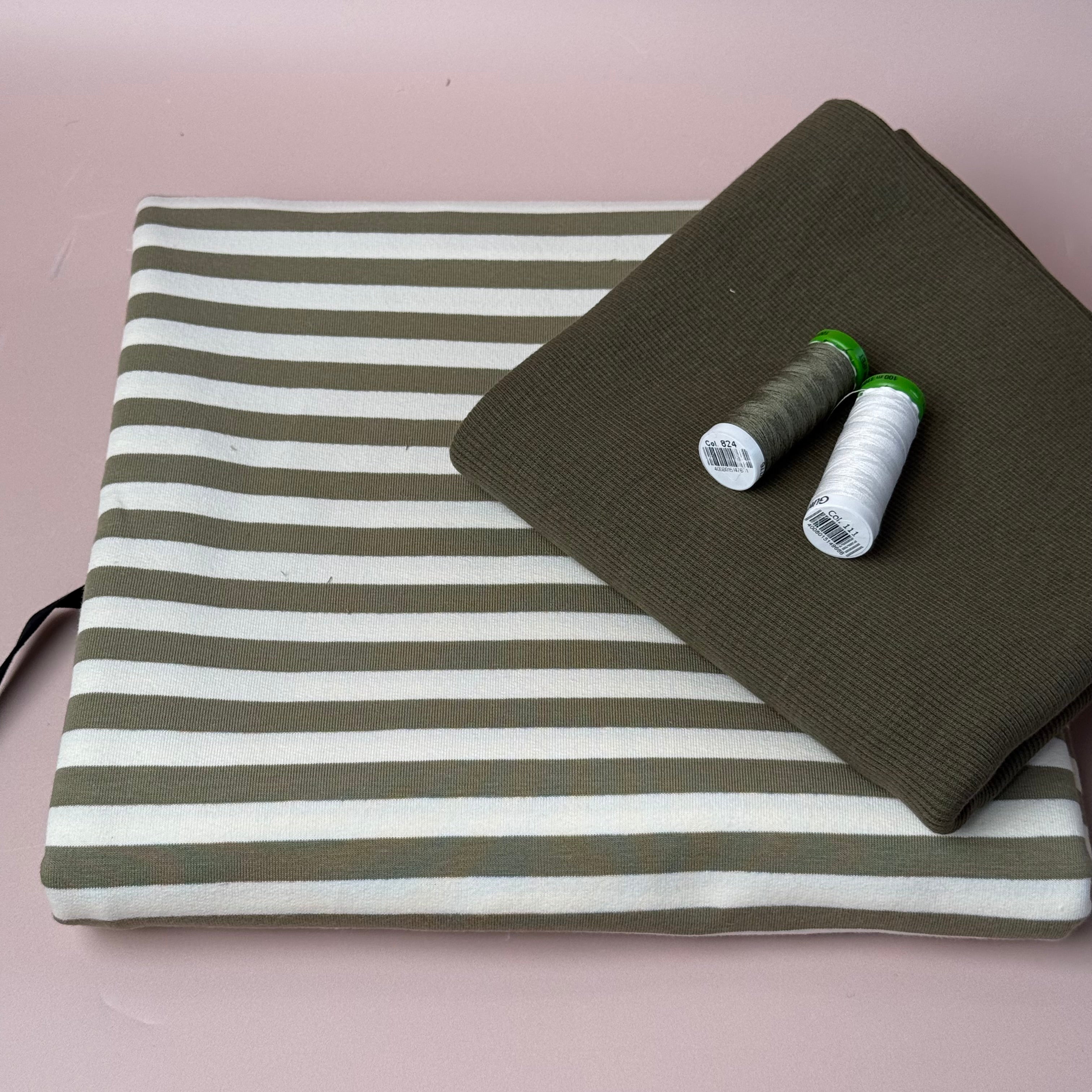Colour Bundles - Tea Green Stripe Cotton French Terry & Ribbing