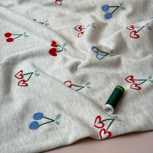 Glitter Cherries on Melange Ecru Cotton Sweat-shirting Fabric