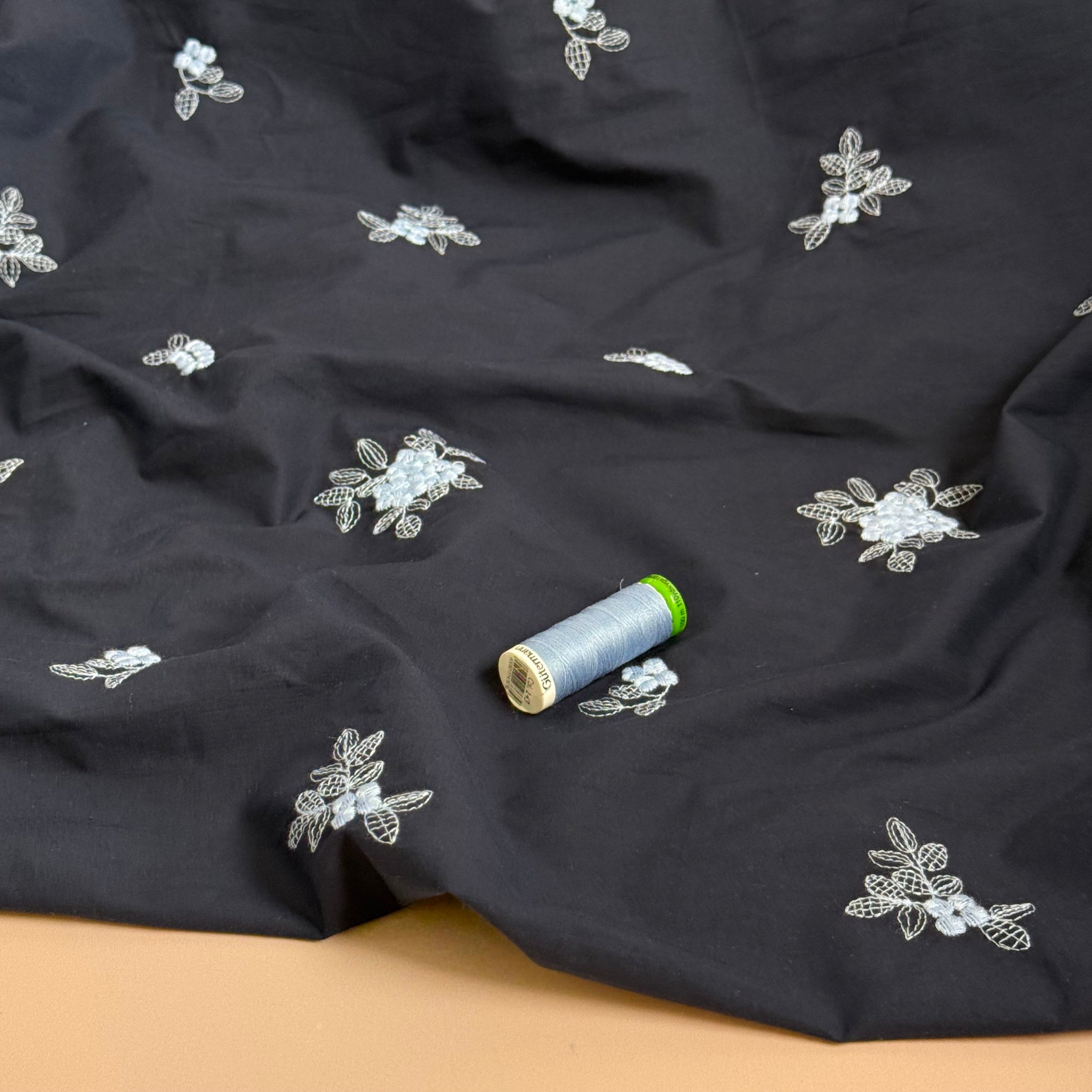 Embroidered Blue Flowers on Navy Cotton Fabric