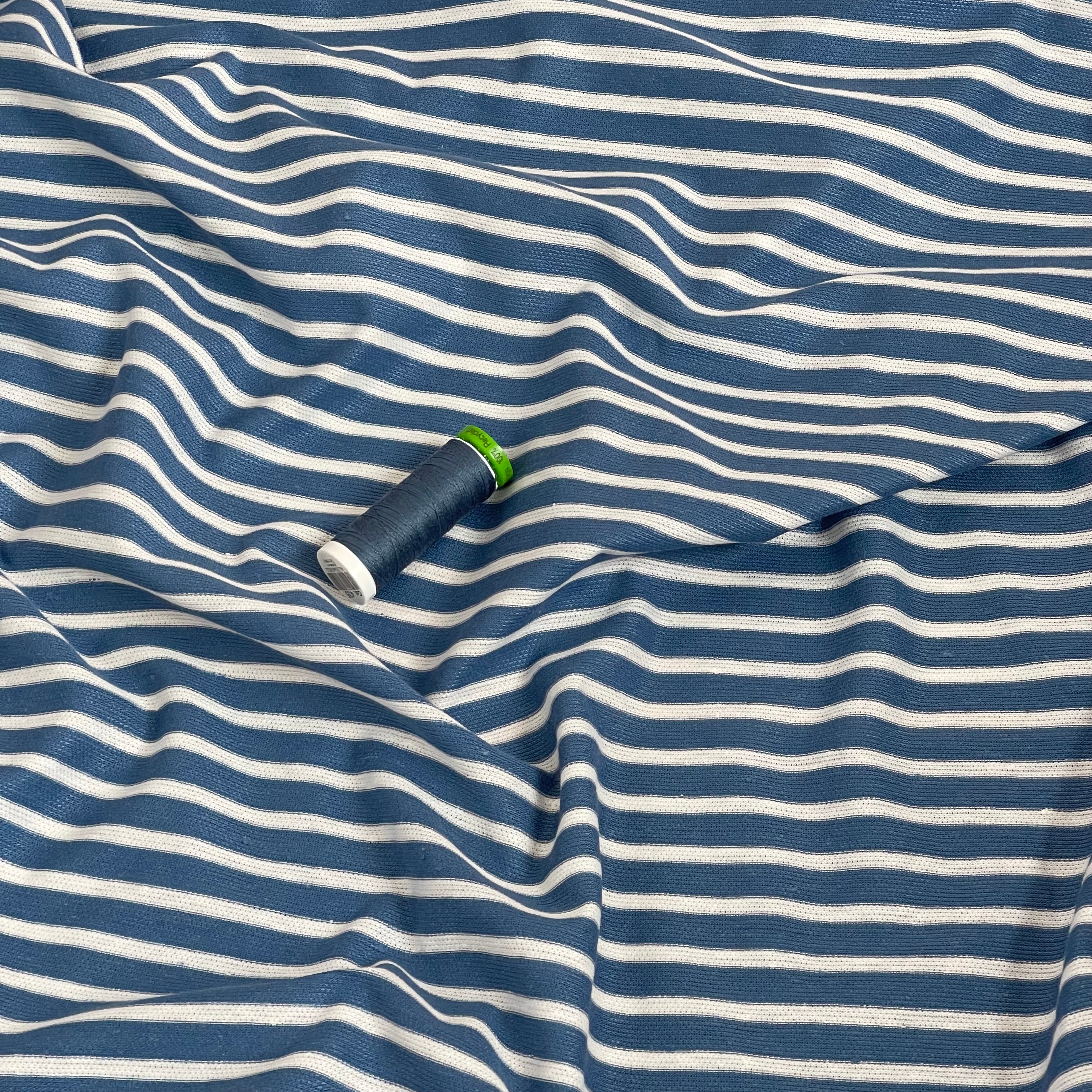 Ex-Designer Deadstock - Italian Linen Cotton blend jersey in Denim Blue & White Stripes
