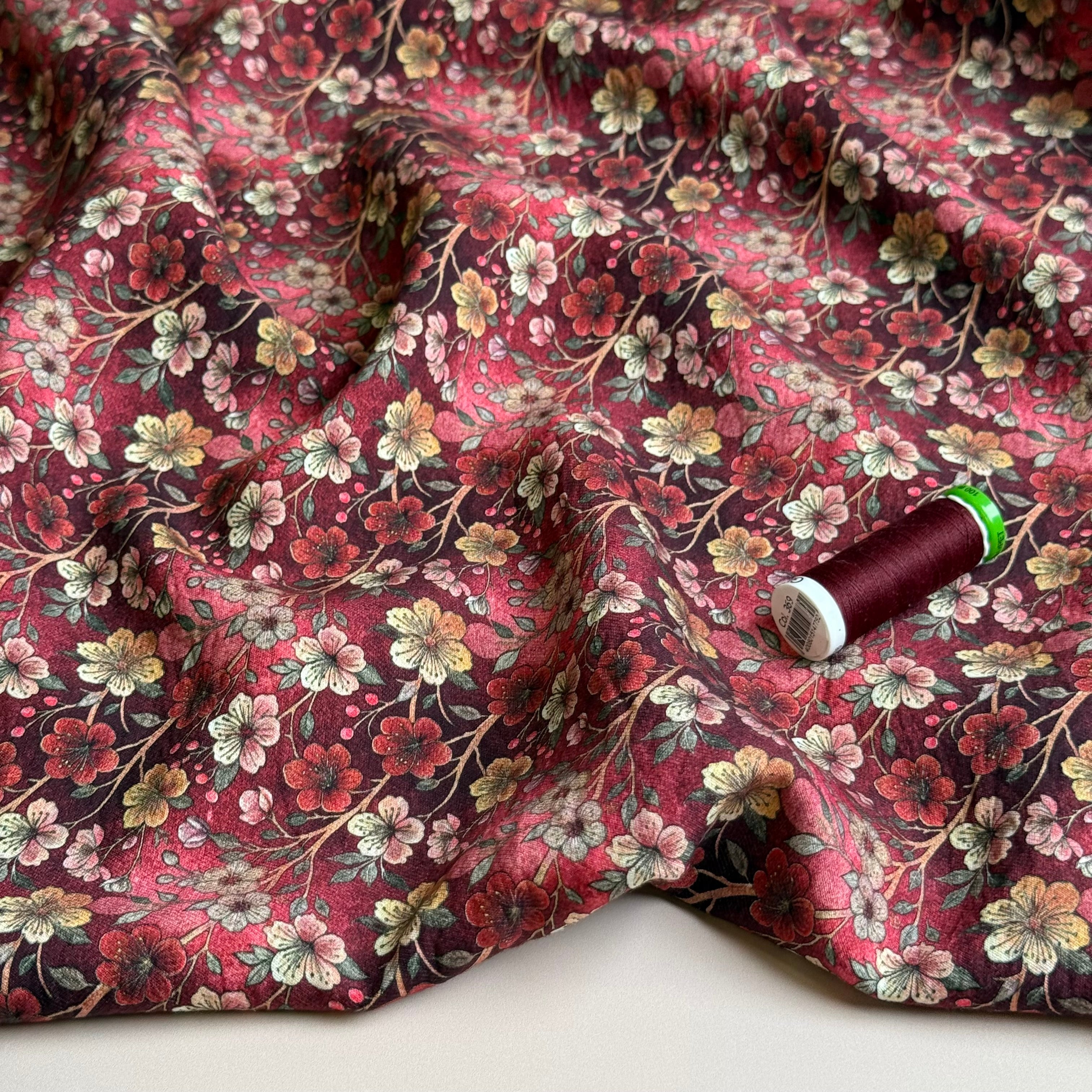 Cherry Blossoms Wine Fine Viscose Twill