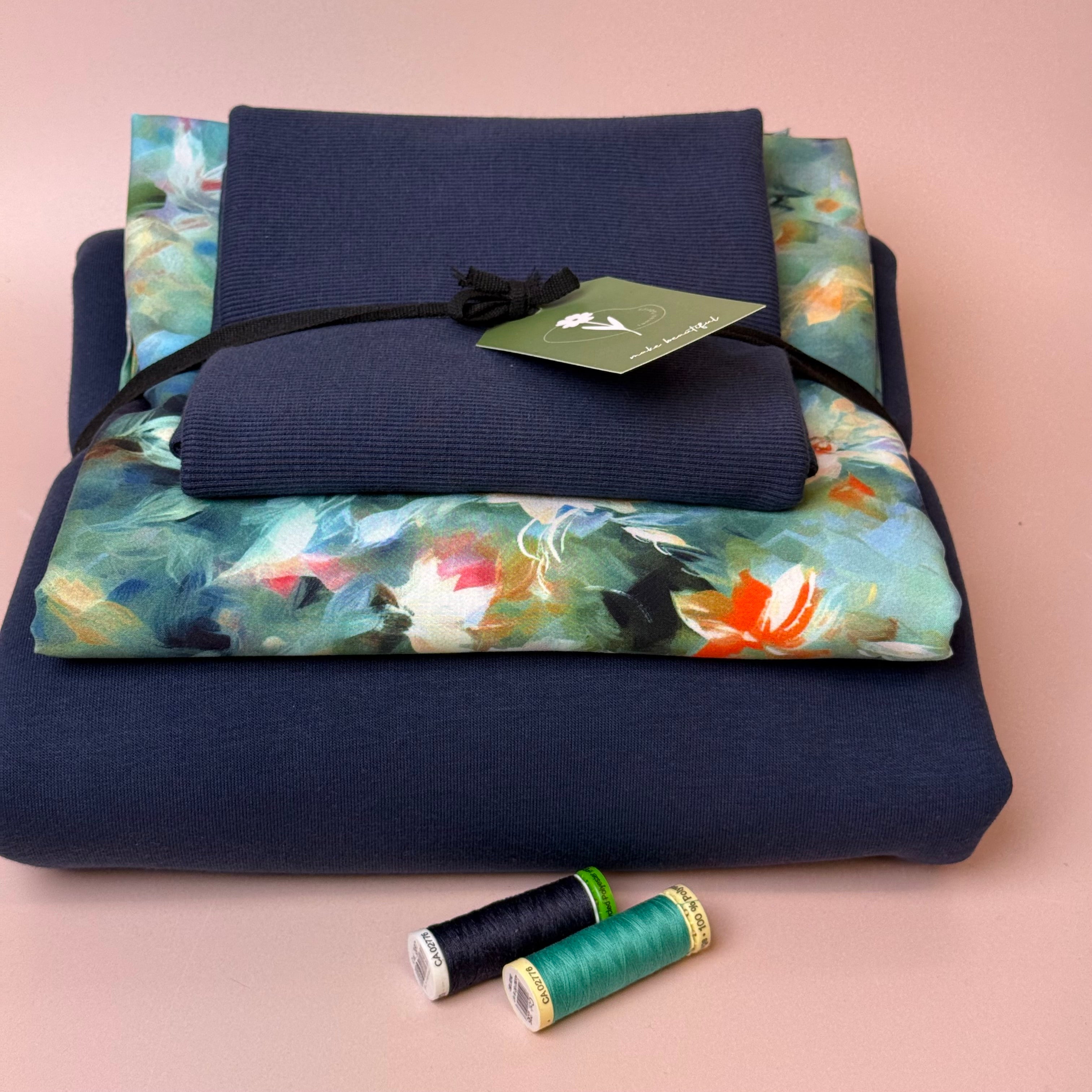 Make an Outfit Colour Bundle - Watercolour Florals Viscose & Sweatshirting in Navy with Ribbing