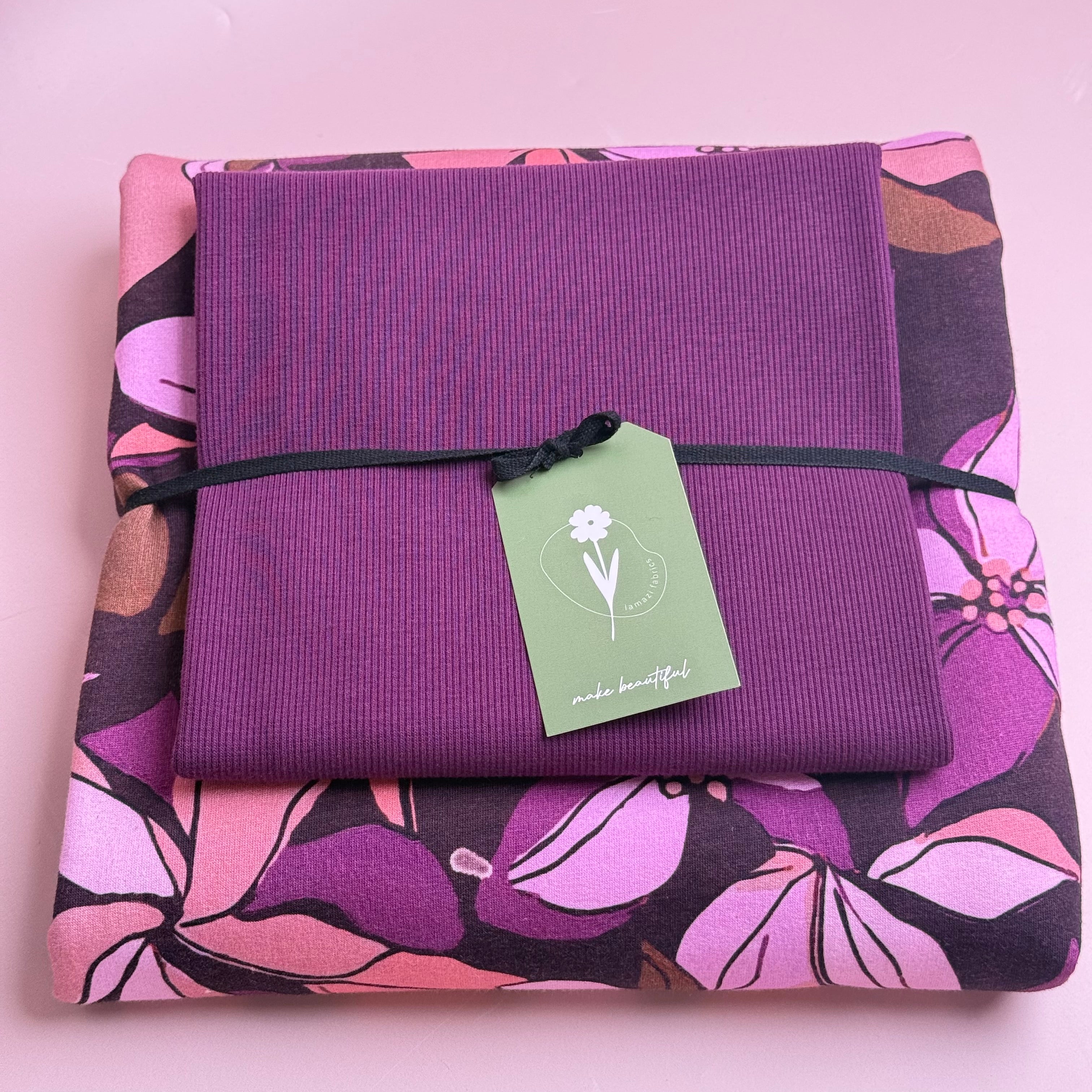 Colour Bundles - Lilies Bordeaux Cotton Sweatshirting & Matching Ribbing