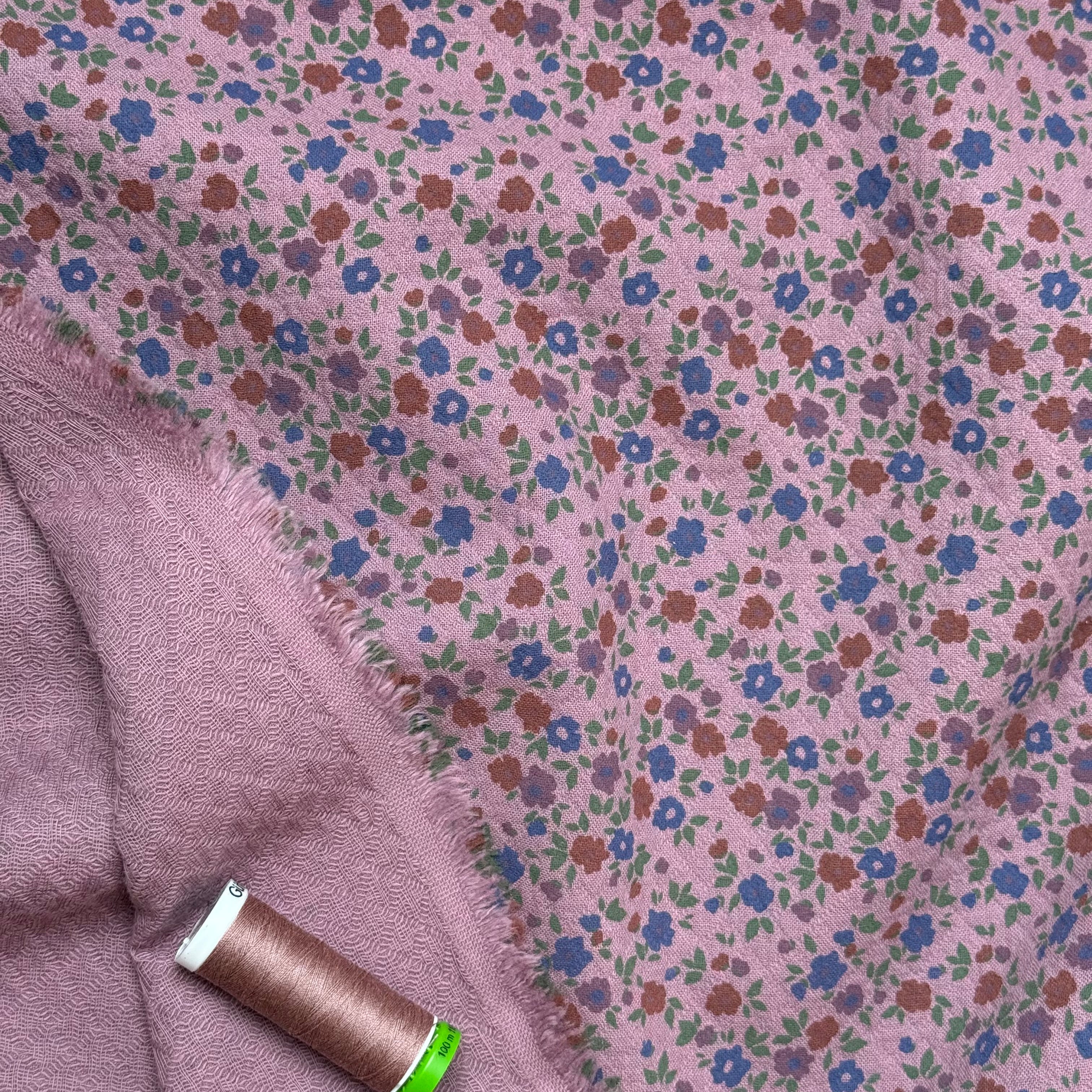 Ditsy Blue Flowers Mauve Cotton Diamond Jacquard Fabric