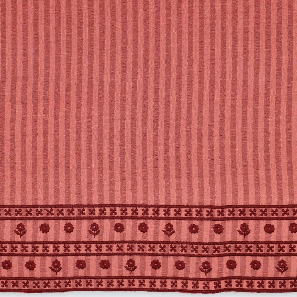 Border Embroidered Yarn Dyed Striped Cotton Double Gauze in Peach