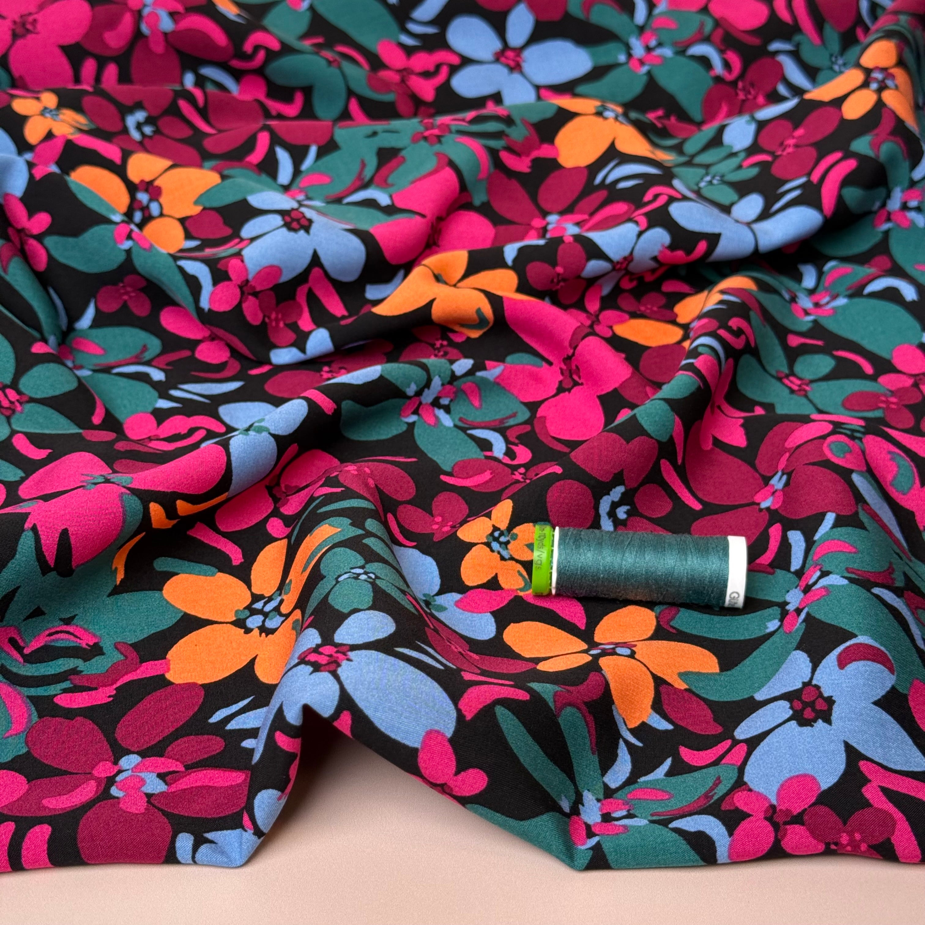 Graphic Floral Field Black Viscose Fabric