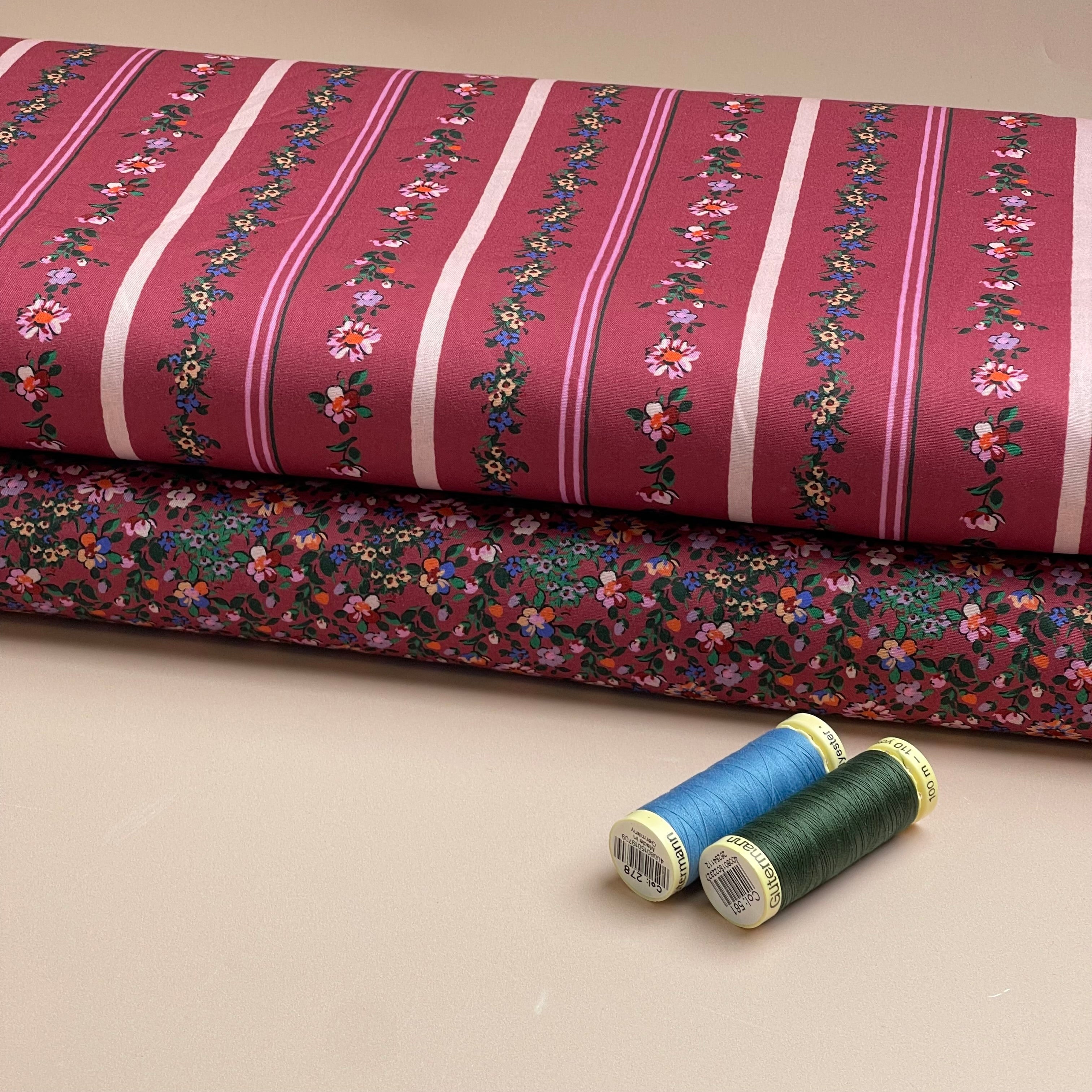Floral Stripes on Burgundy Fine Cotton Poplin Fabric