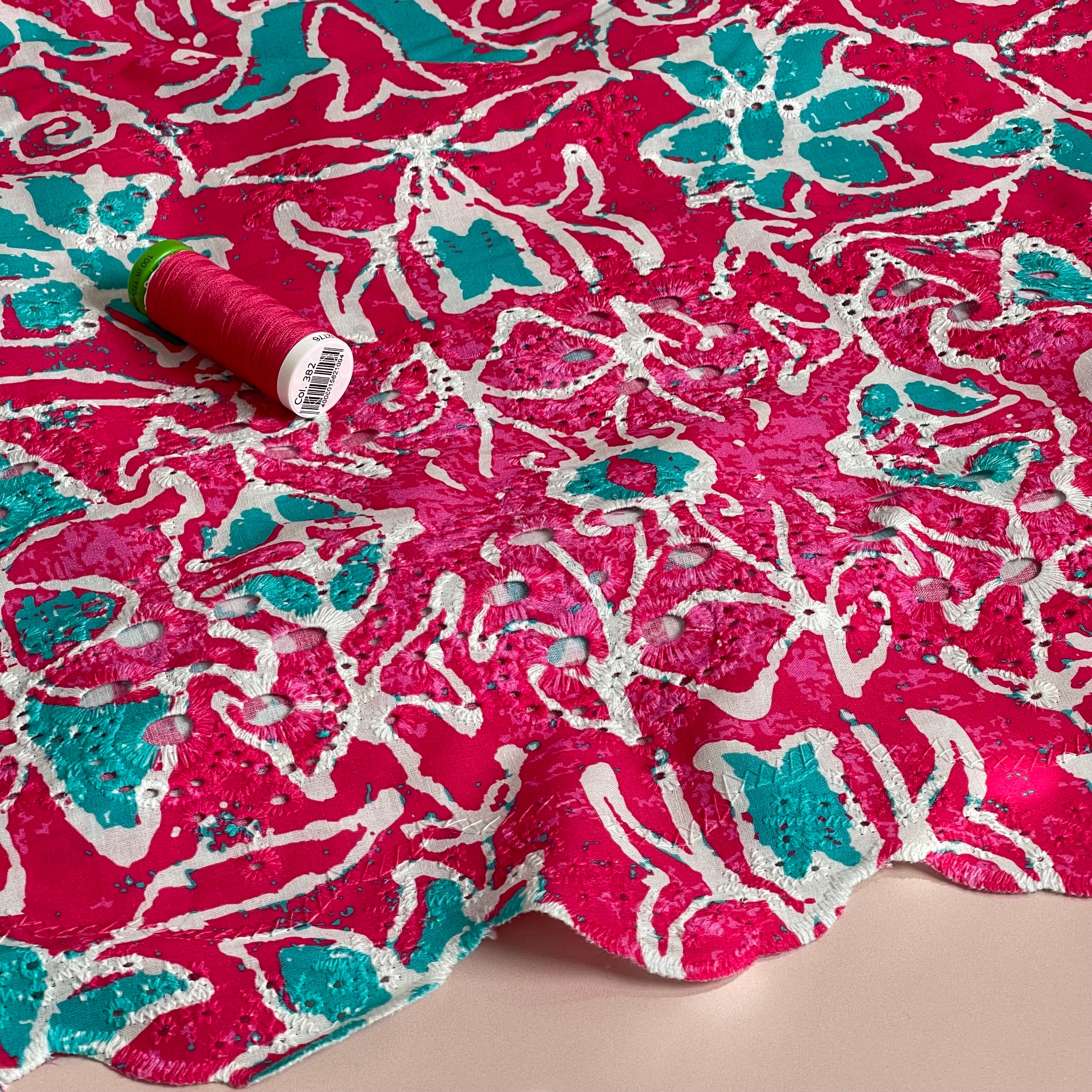 Abstract Flowers on Fuchsia Scalloped Embroidered Cotton Fabric