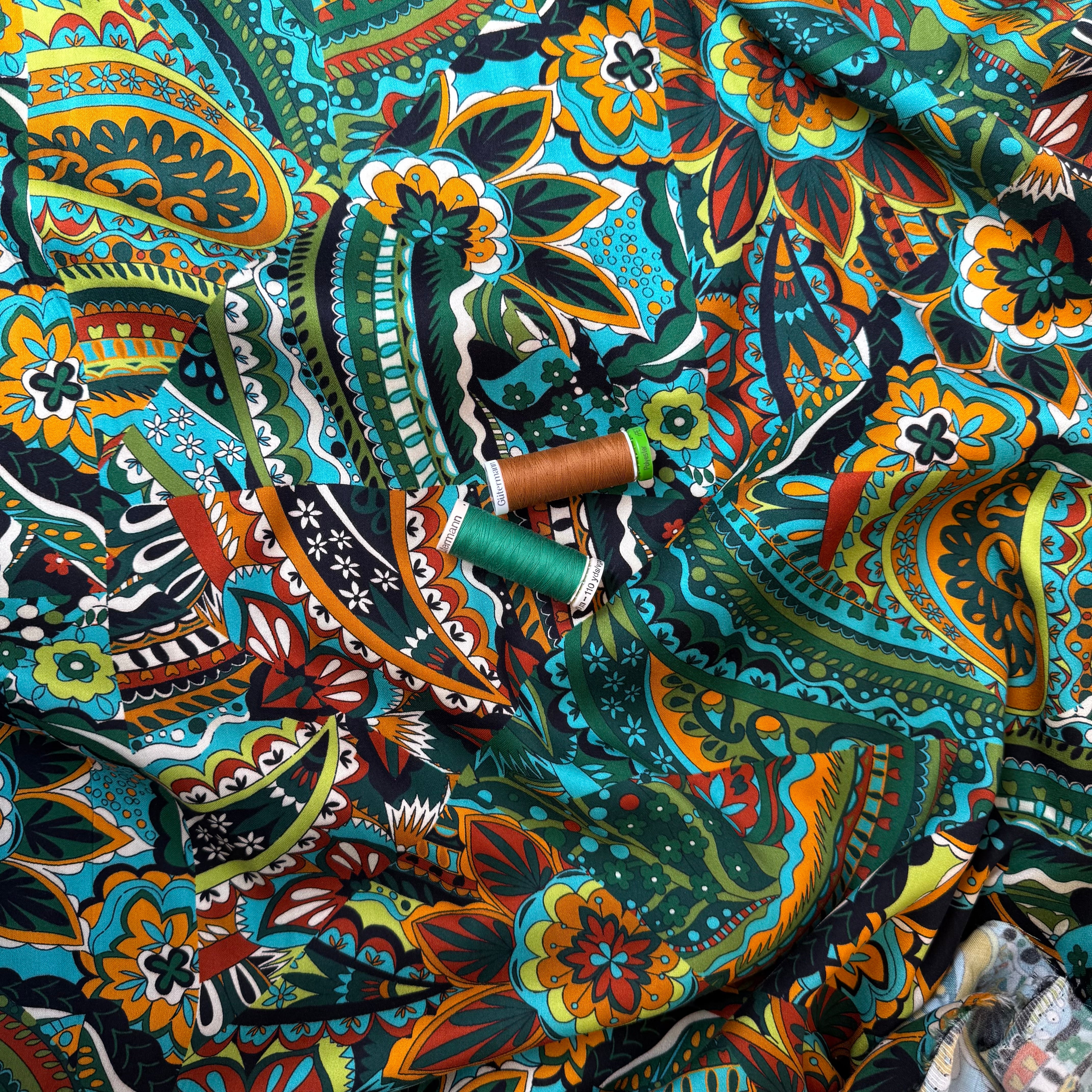 Magical Garden Forest Green Viscose Sateen Fabric