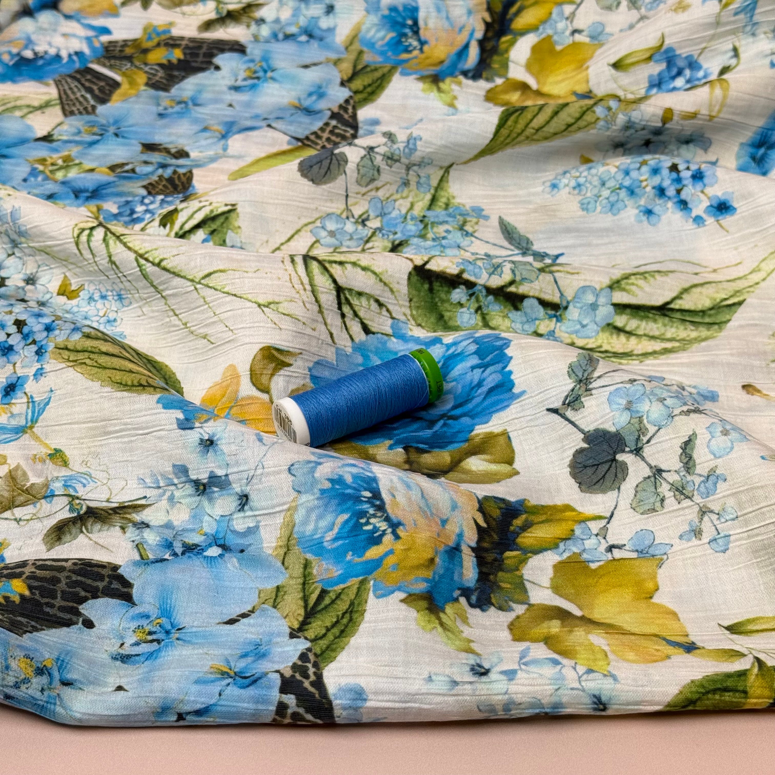 Botanical Blooms Blue Textured Viscose Fabric