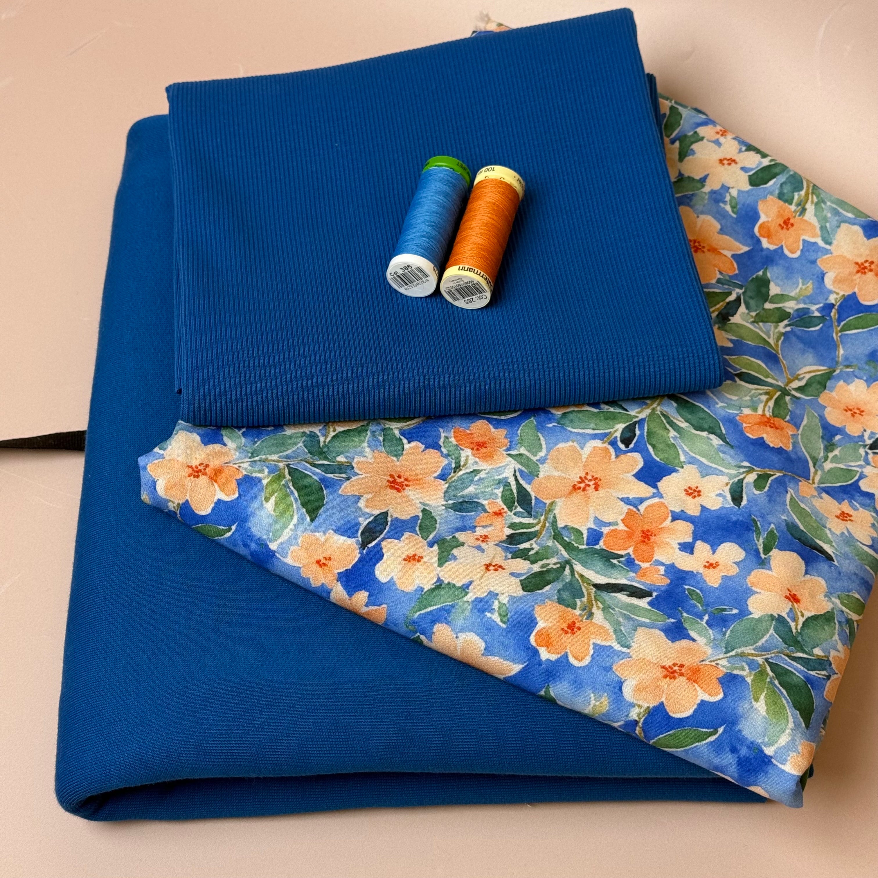 Make an Outfit Colour Bundle - Peach Flowers Viscose & Brushed Sweatshirt in Intense Blue with Ribbing
