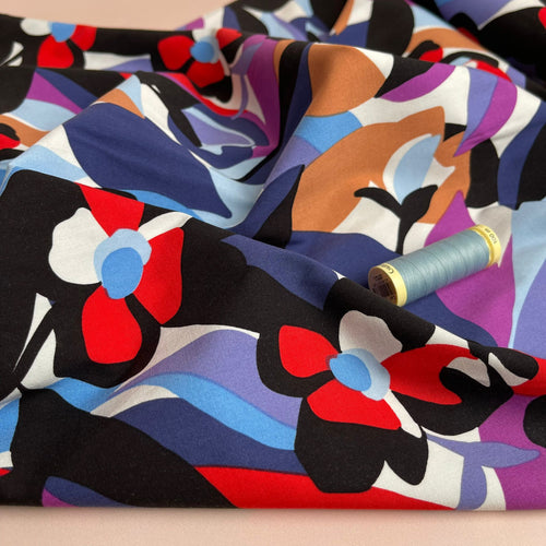REMNANT 0.35 Metre - Graphic Abstract Floral Purple Stretch Viscose Poplin Fabric.