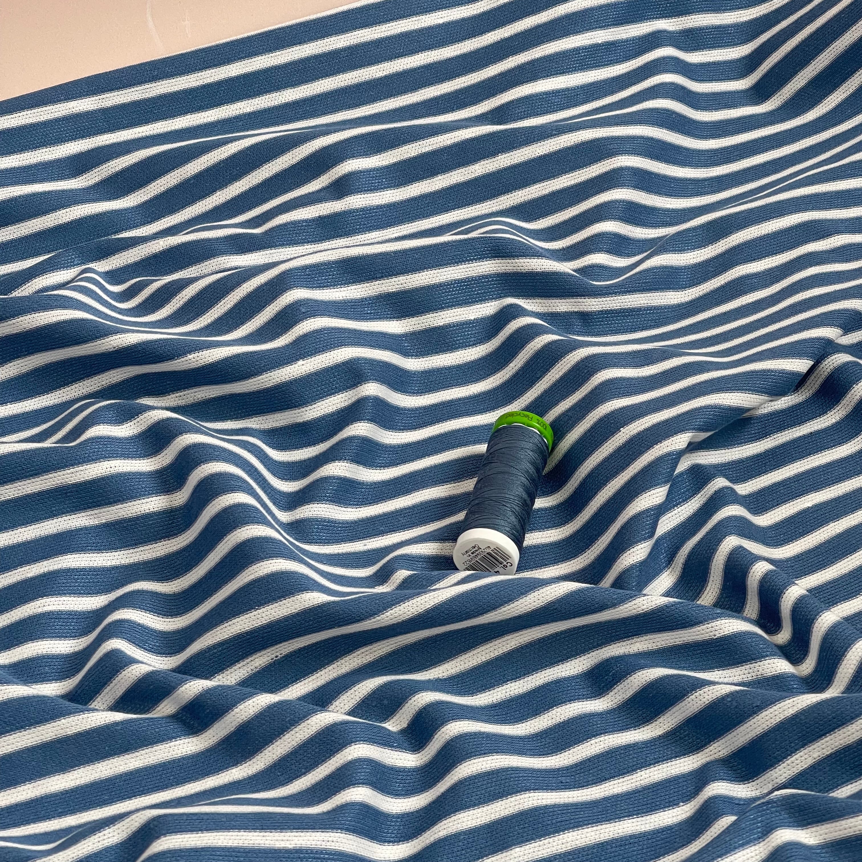 Ex-Designer Deadstock - Italian Linen Cotton blend jersey in Denim Blue & White Stripes