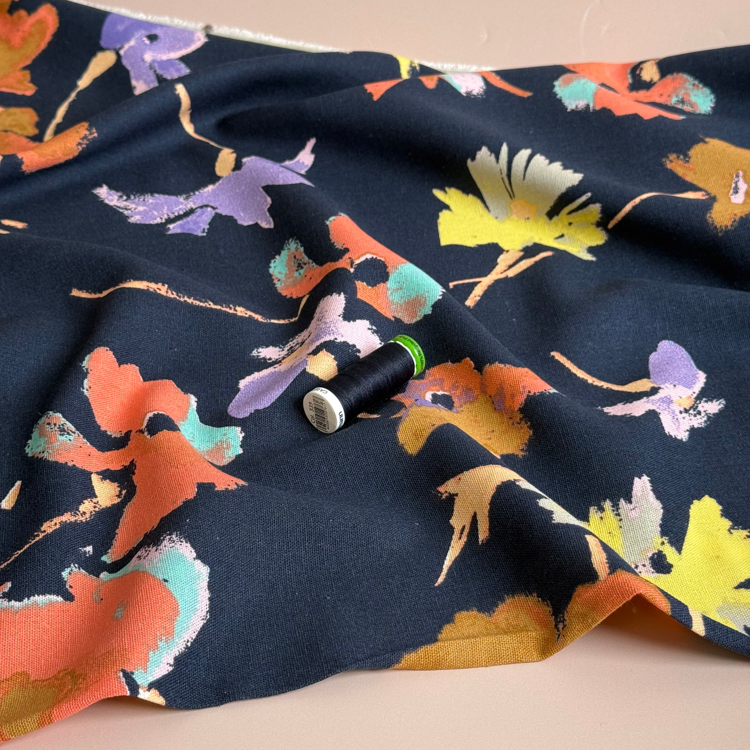 Abstract Blooms on Navy Viscose Linen Fabric