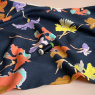REMNANT 0.67 Metre - Abstract Blooms on Navy Viscose Linen Fabric