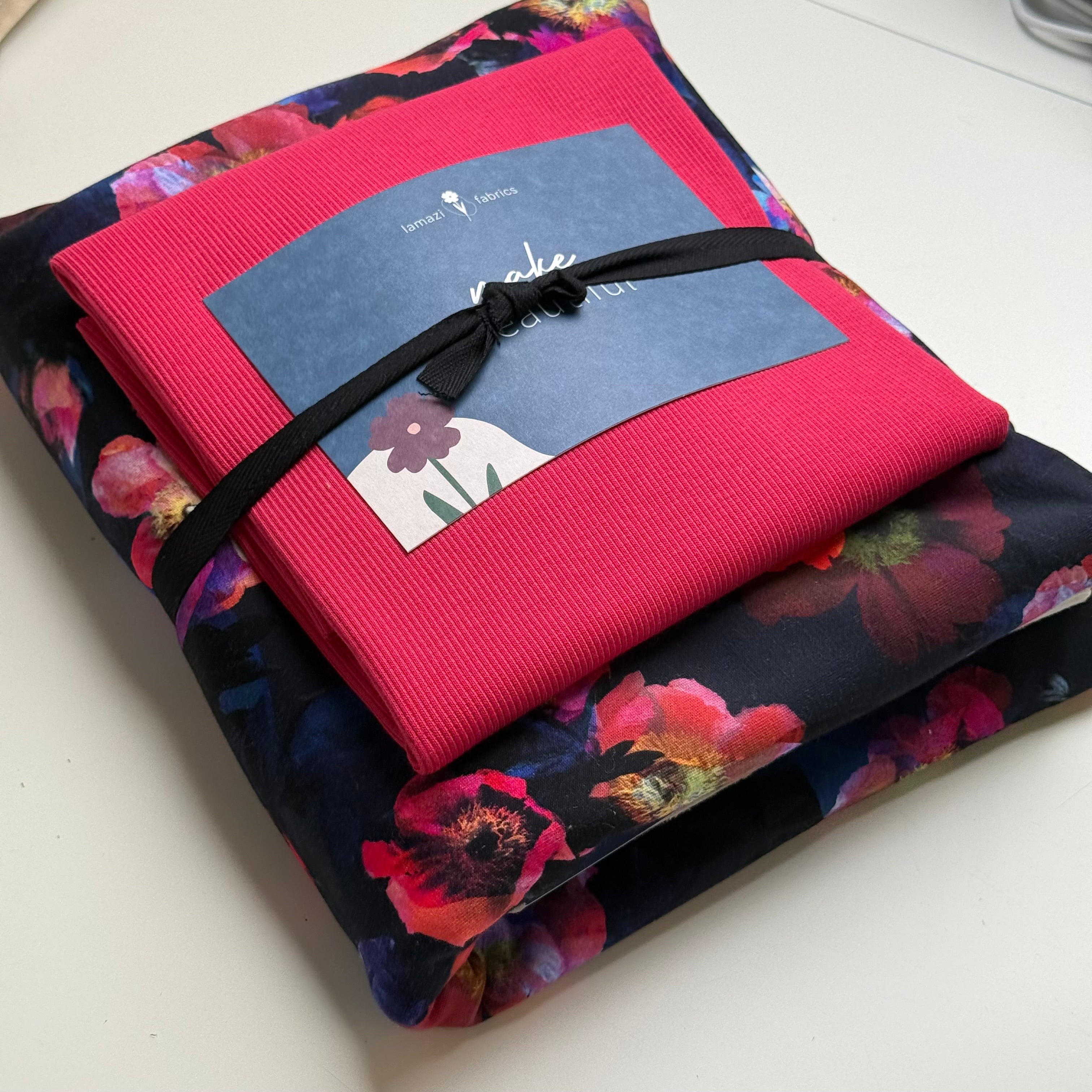 Colour Bundles - Winter Flowers Dark Navy Cotton French Terry & Matching Ribbing