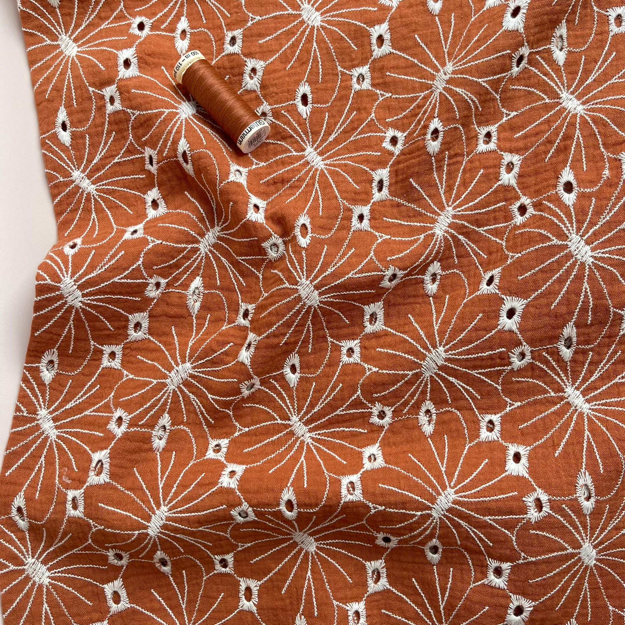 REMNANT 0.6 Metre - Embroidered Flowers on Rust Cotton Double Gauze