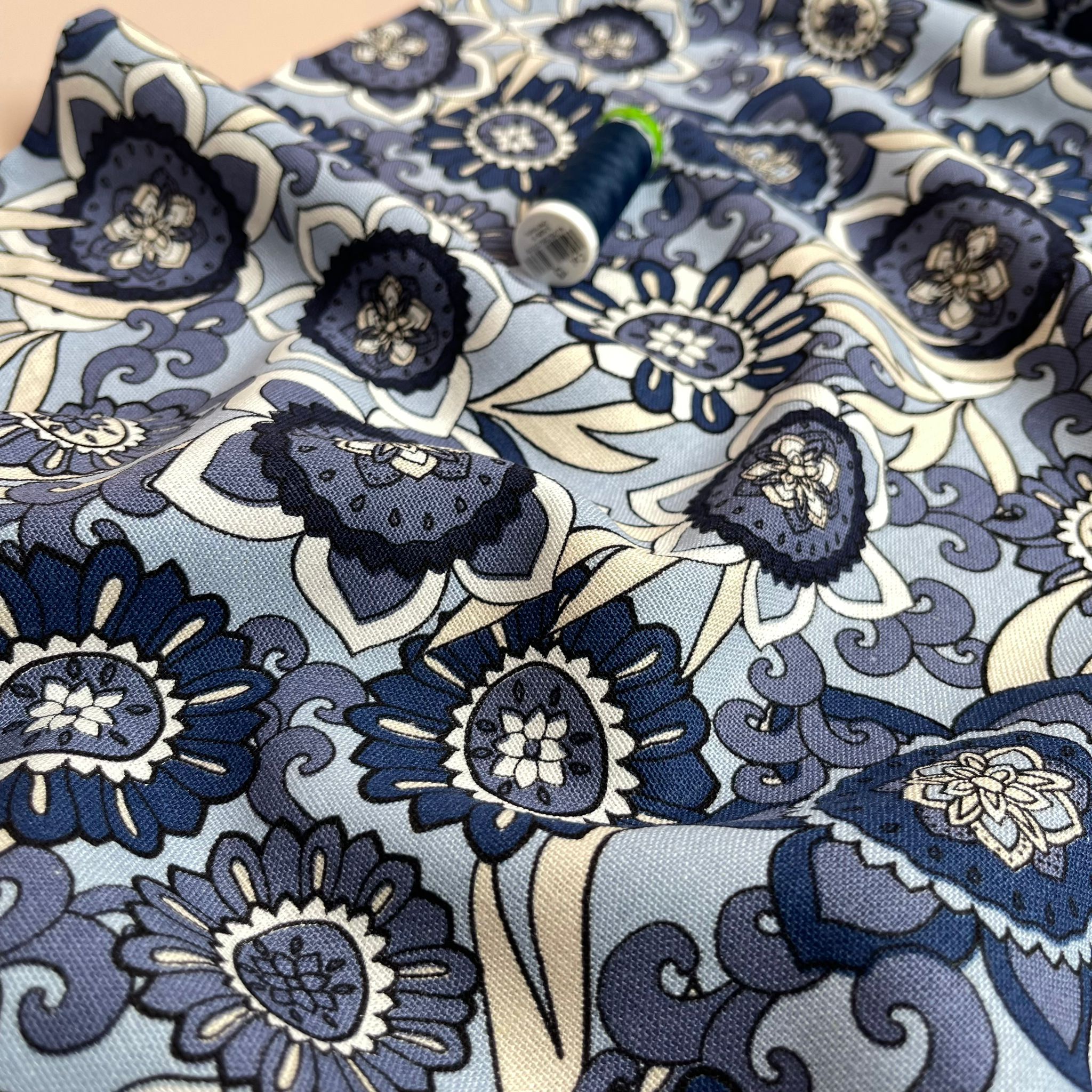 Seventies Flower on Blue Linen Viscose Blend Fabric