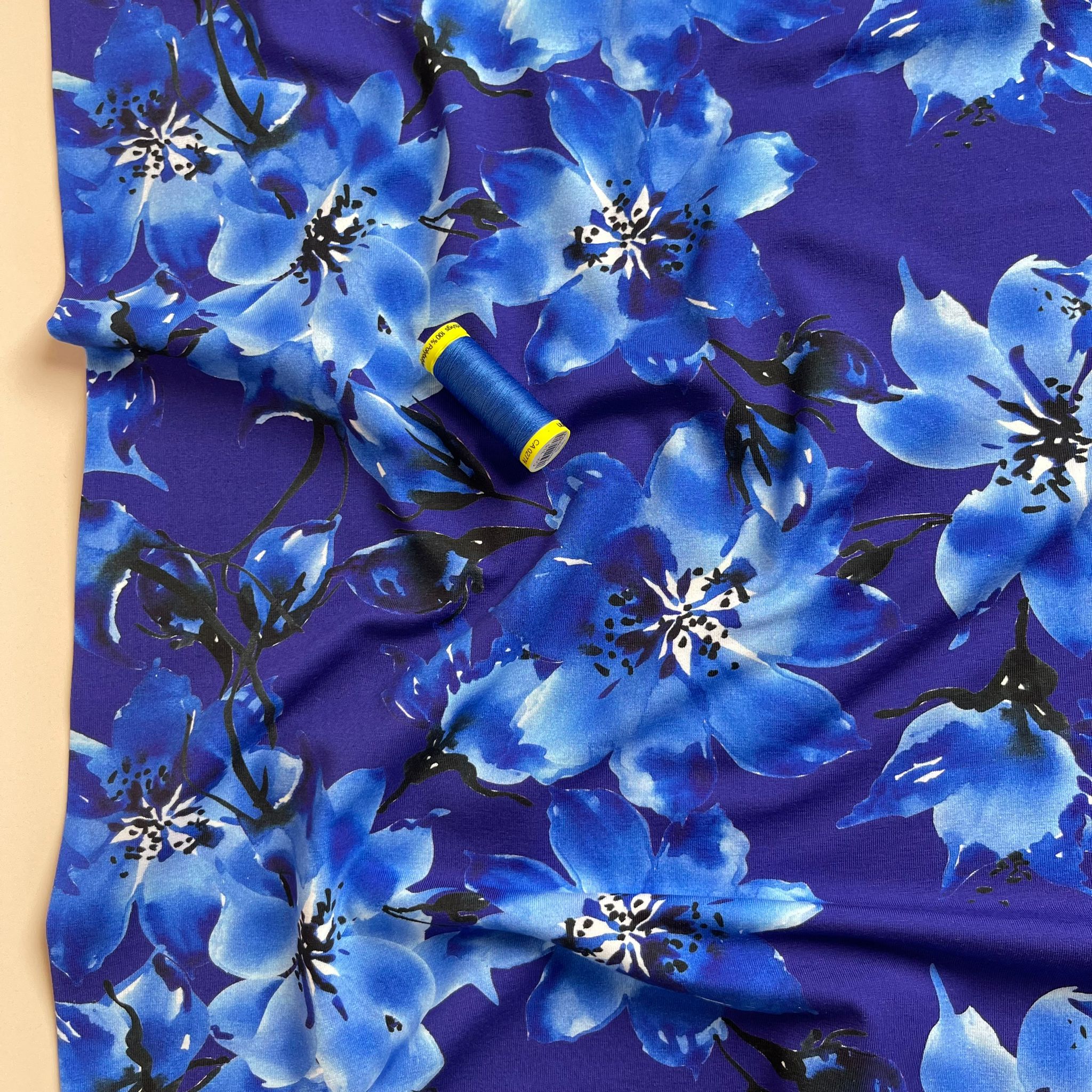 REMNANT 1.64 Metres - Danish Design - Watercolour Cobalt Blooms Cotton Jersey Fabric