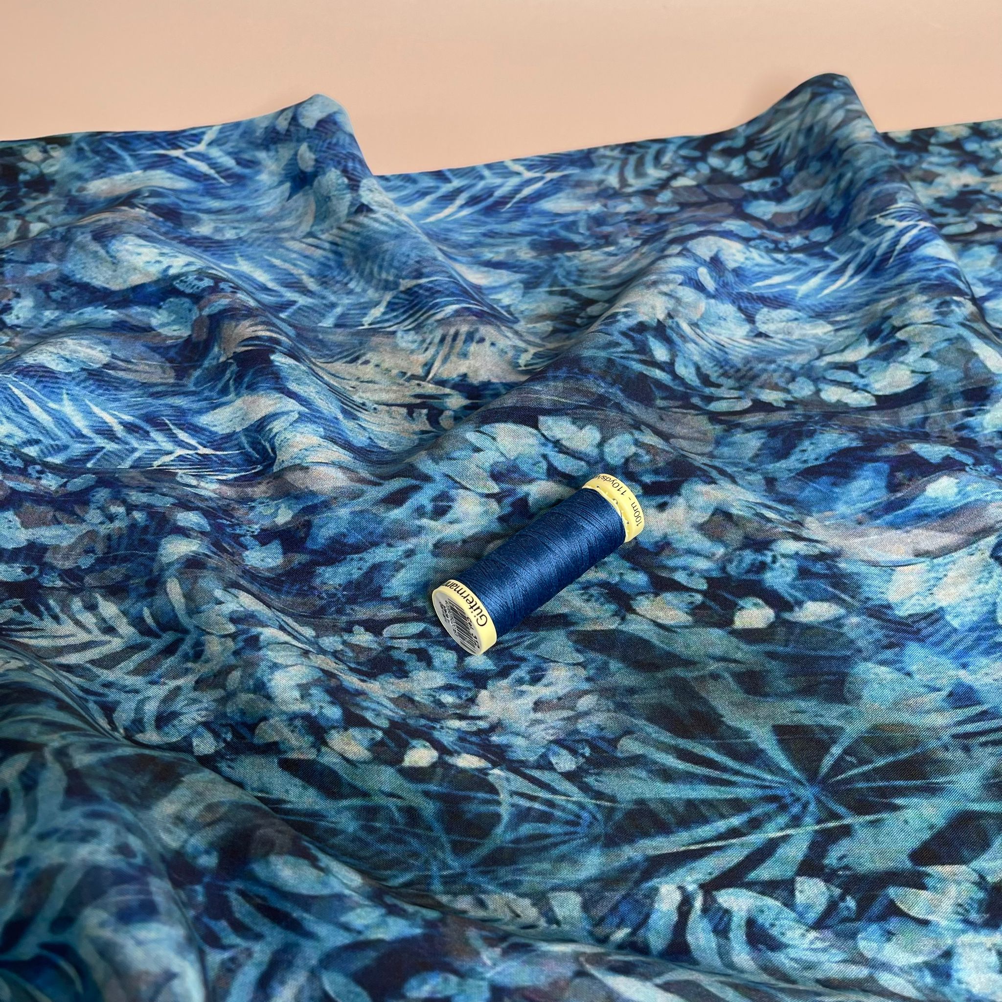 River Foliage in Blue Viscose Fabric