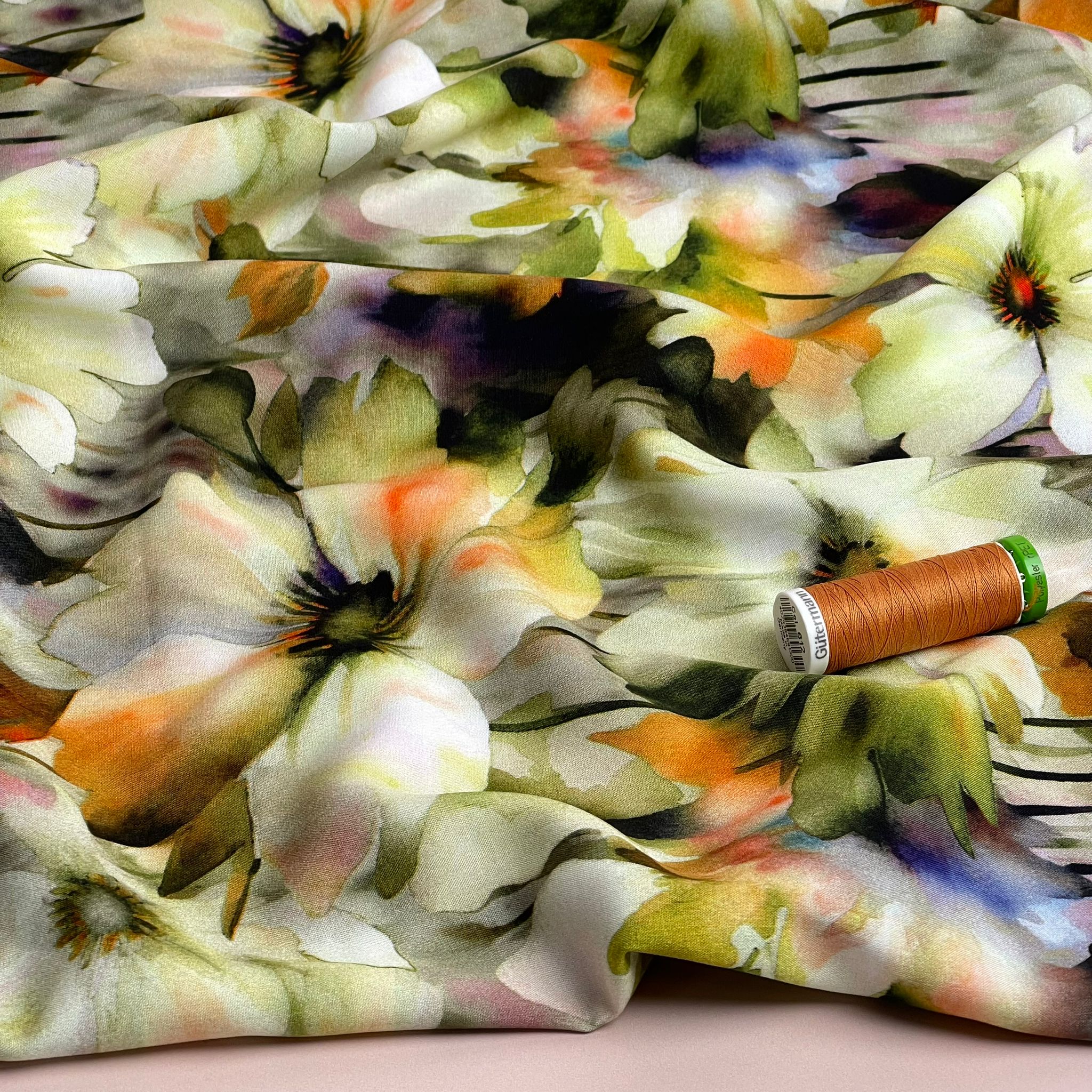 Forest Flowers in Green Viscose Poplin Fabric