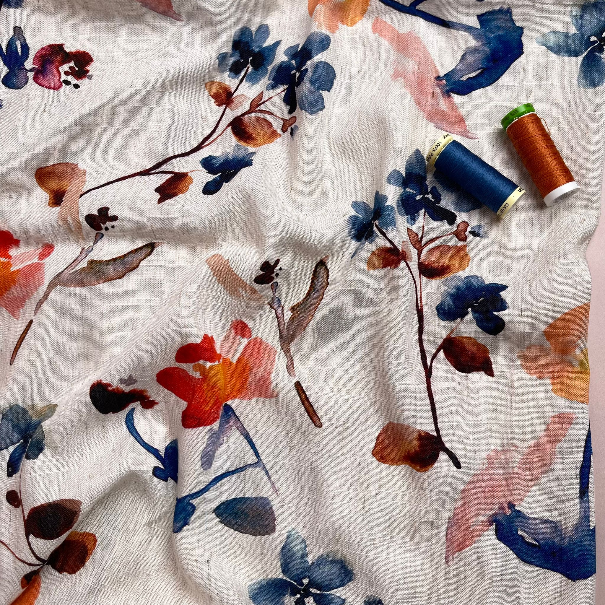 REMNANT 0.75 Metre - Apricot and Blue Florals Viscose Linen Fabric