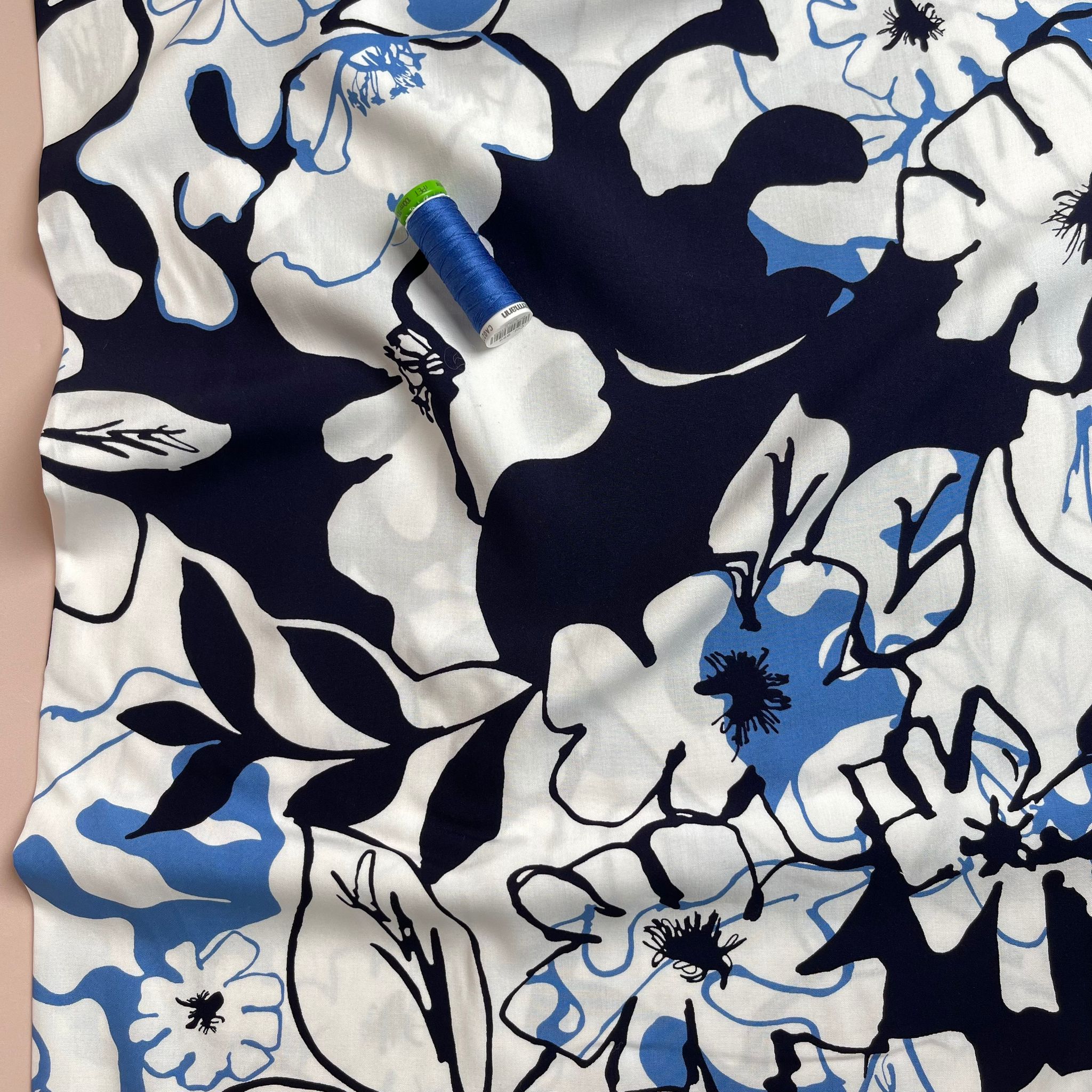 Blue Floral Outline on Navy Viscose Poplin Fabric