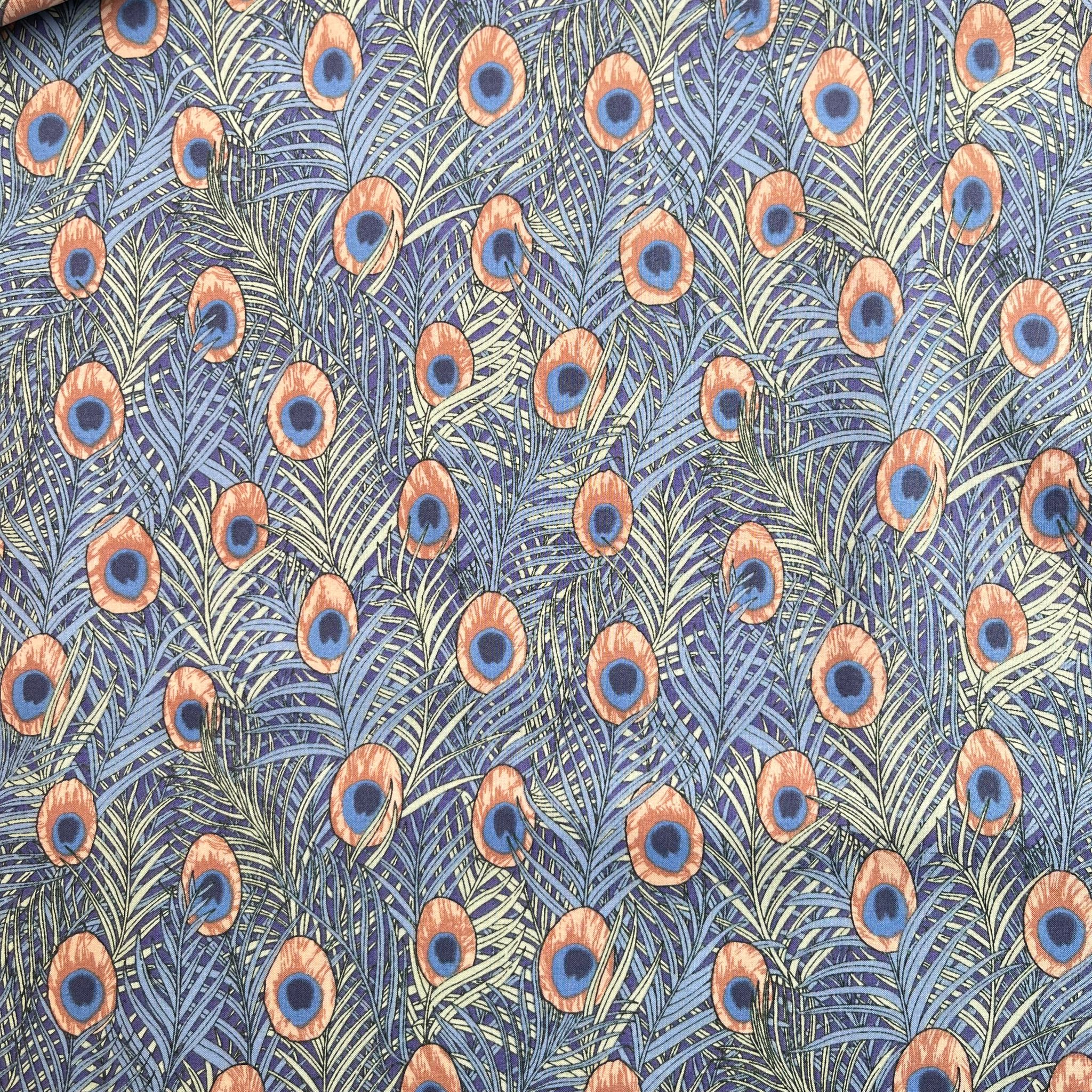 Peacock in Blue and Peach Cotton Lawn Fabric