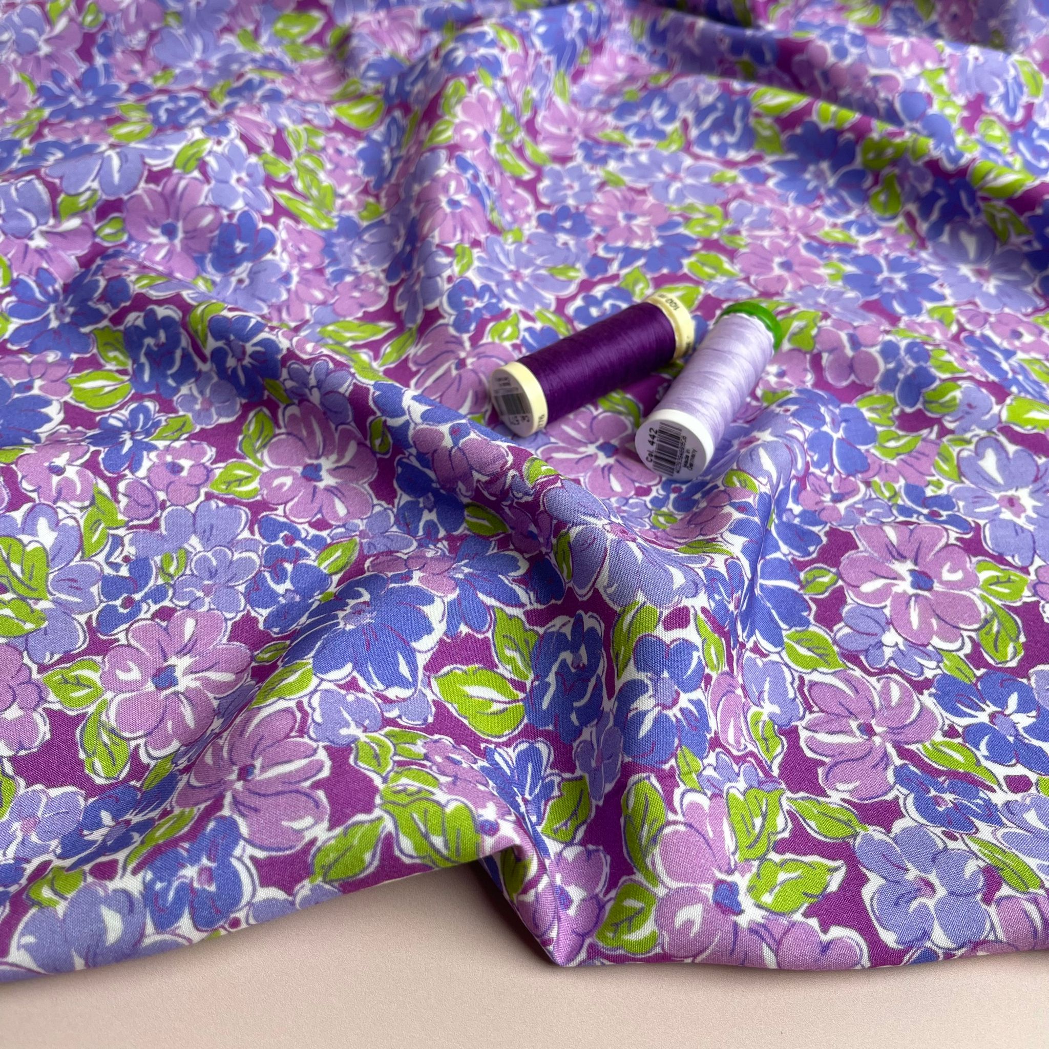 Meadow Flowers in Purple and Green Viscose Fabric