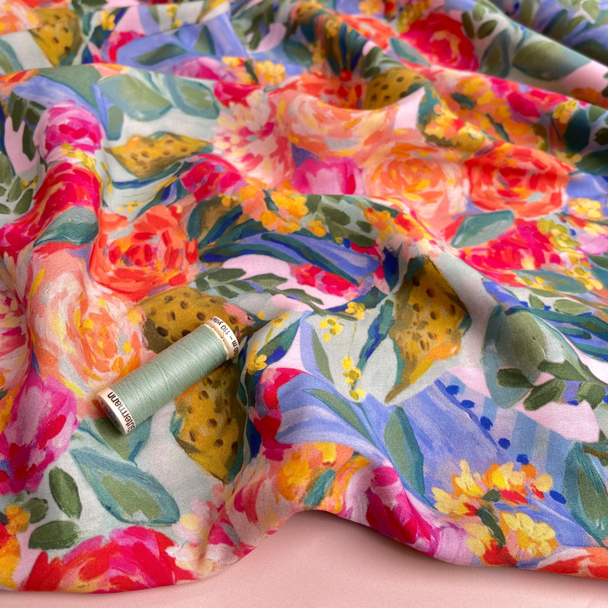 REMNANT 1.20 metres - Painted Peonies Viscose Fabric