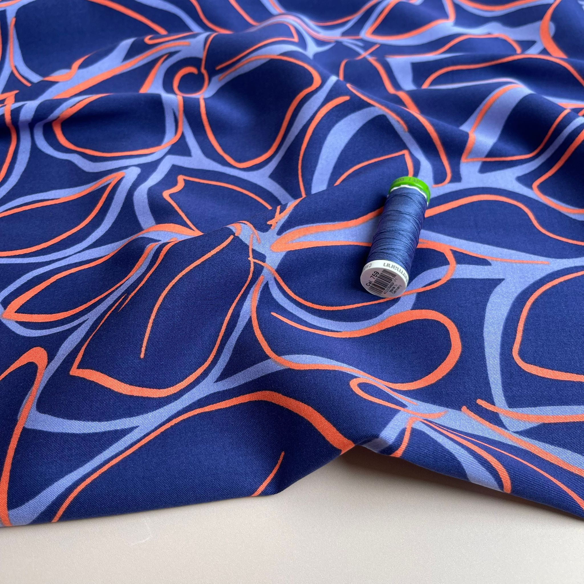 Rosella Line Flowers Navy Viscose Twill with Stretch