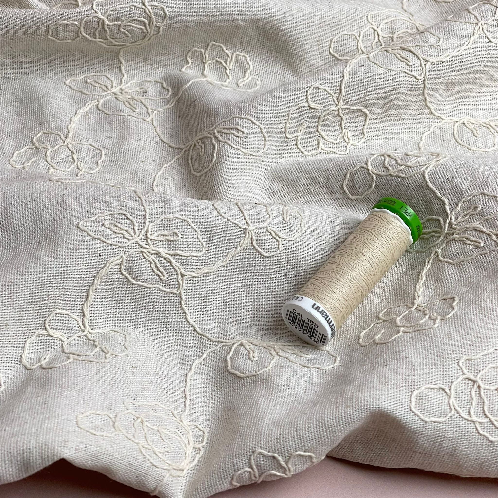 Embroidered Floral on Natural Viscose Linen Fabric