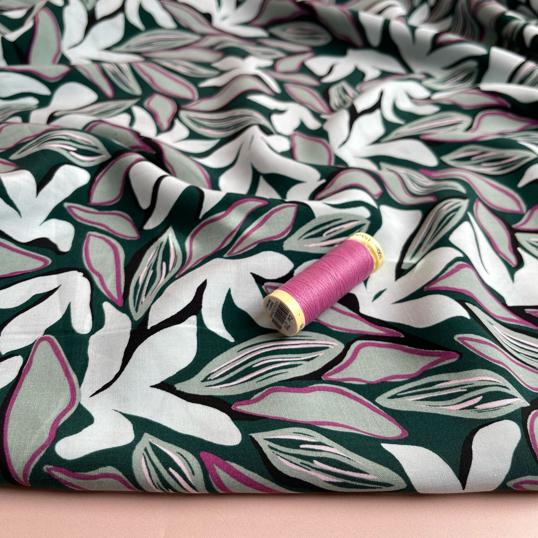 Abstract Leaves on Bottle Green Viscose Fabric