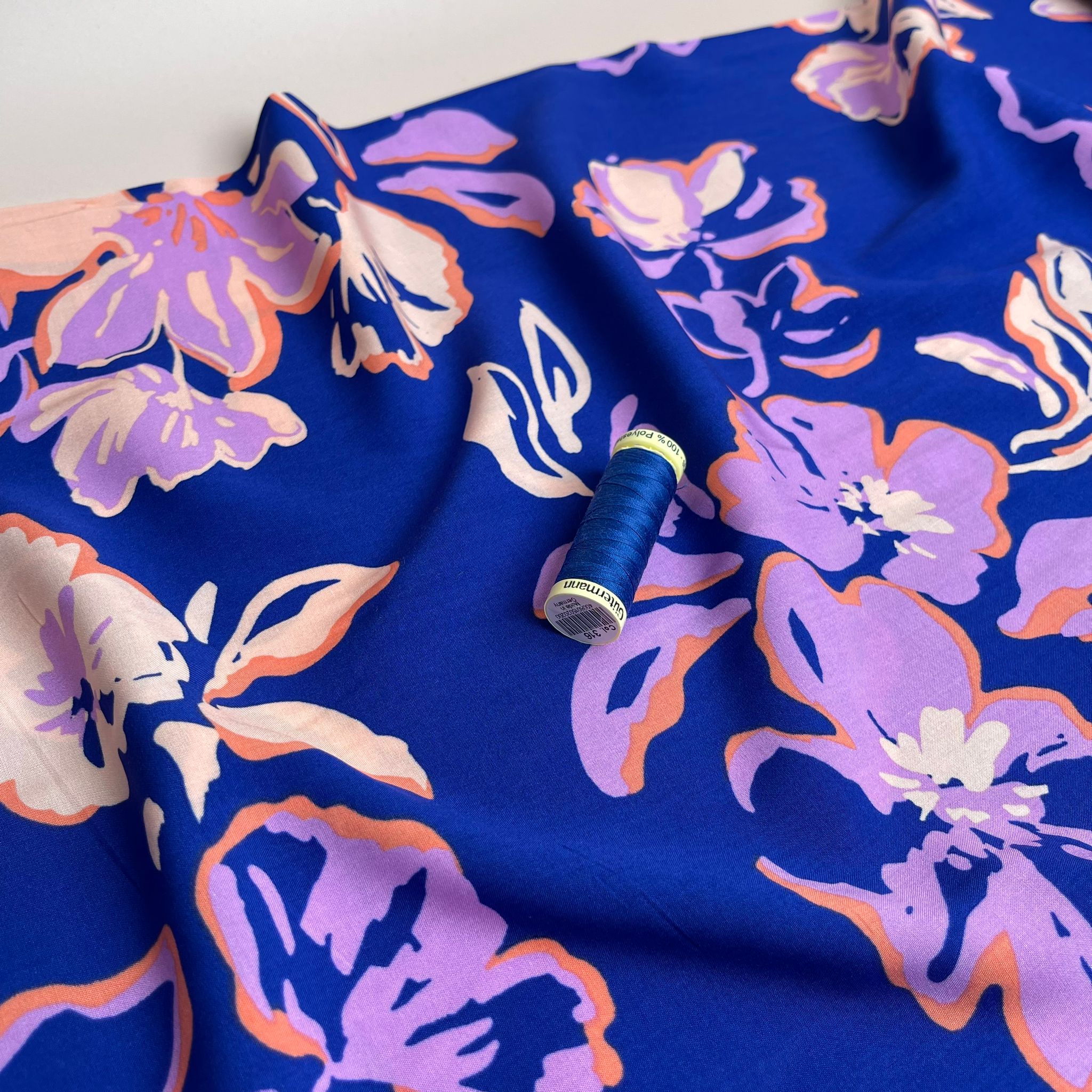 Painted Blooms on Deep Cobalt LENZING™ ECOVERO™ Viscose Fabric