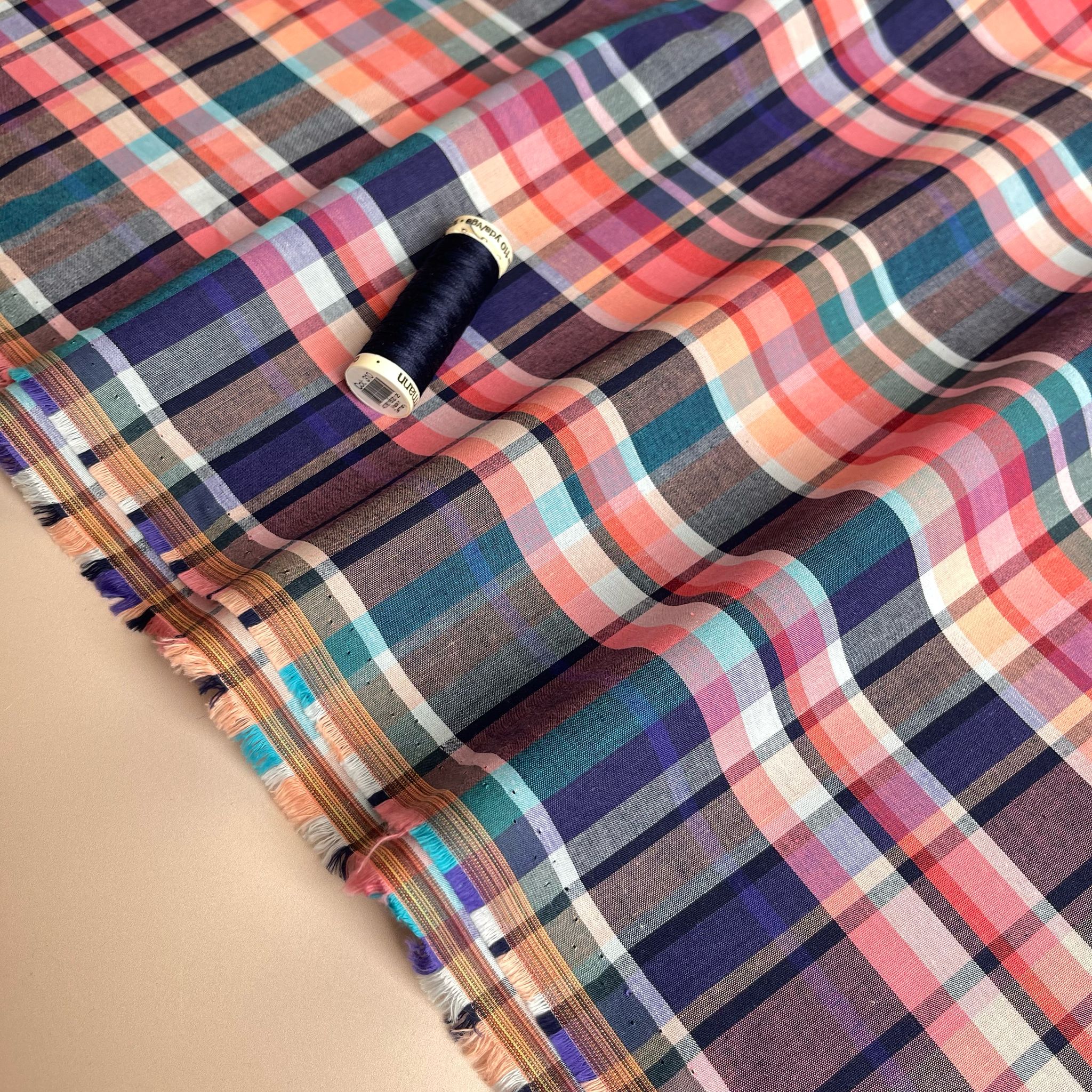 Yarn Dyed Checks in Coral and Blue Cotton Fabric