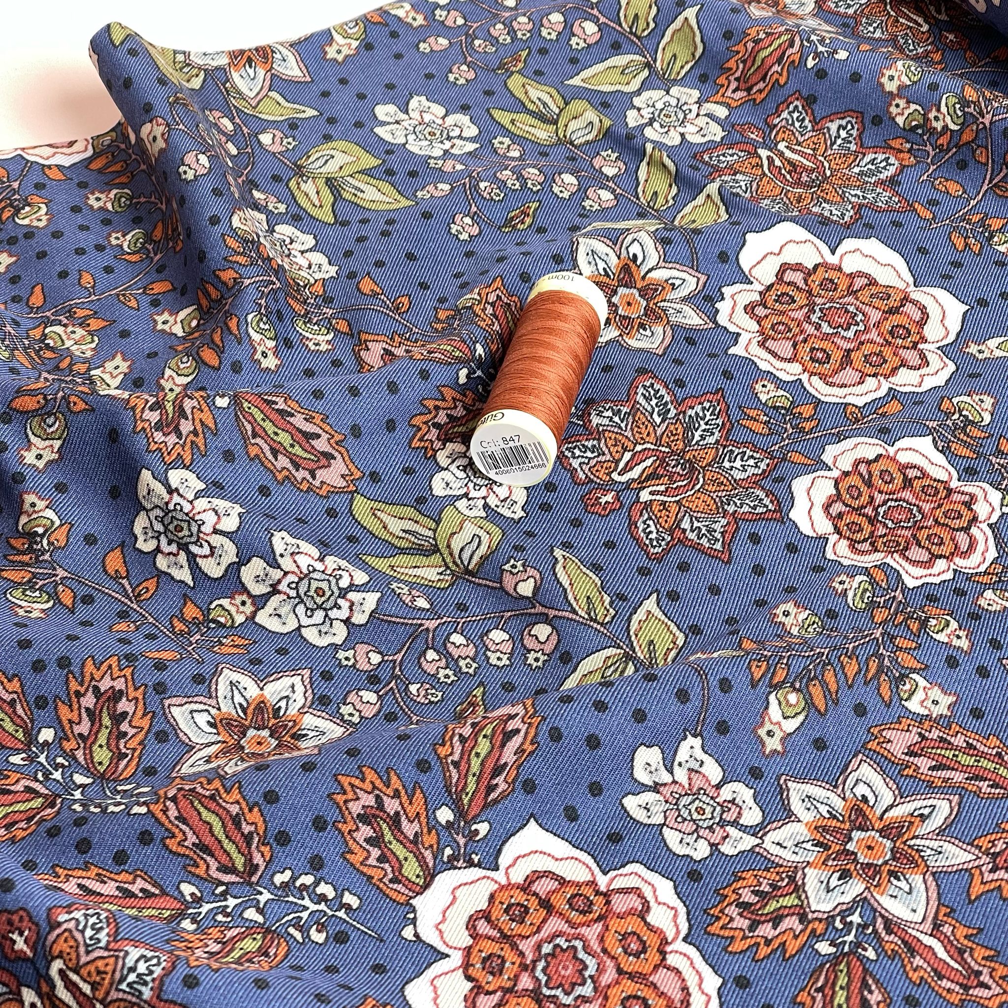 Autumn Paisley Flowers on Blue Viscose Twill Fabric