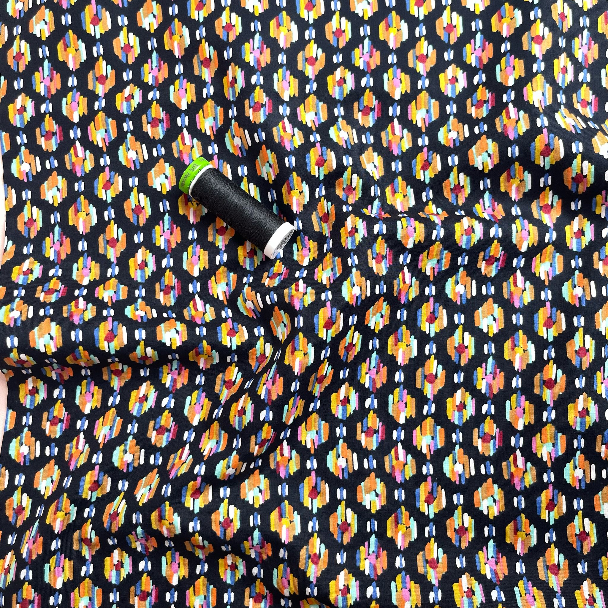 Rainbow Strokes on Black Cotton Lawn Fabric