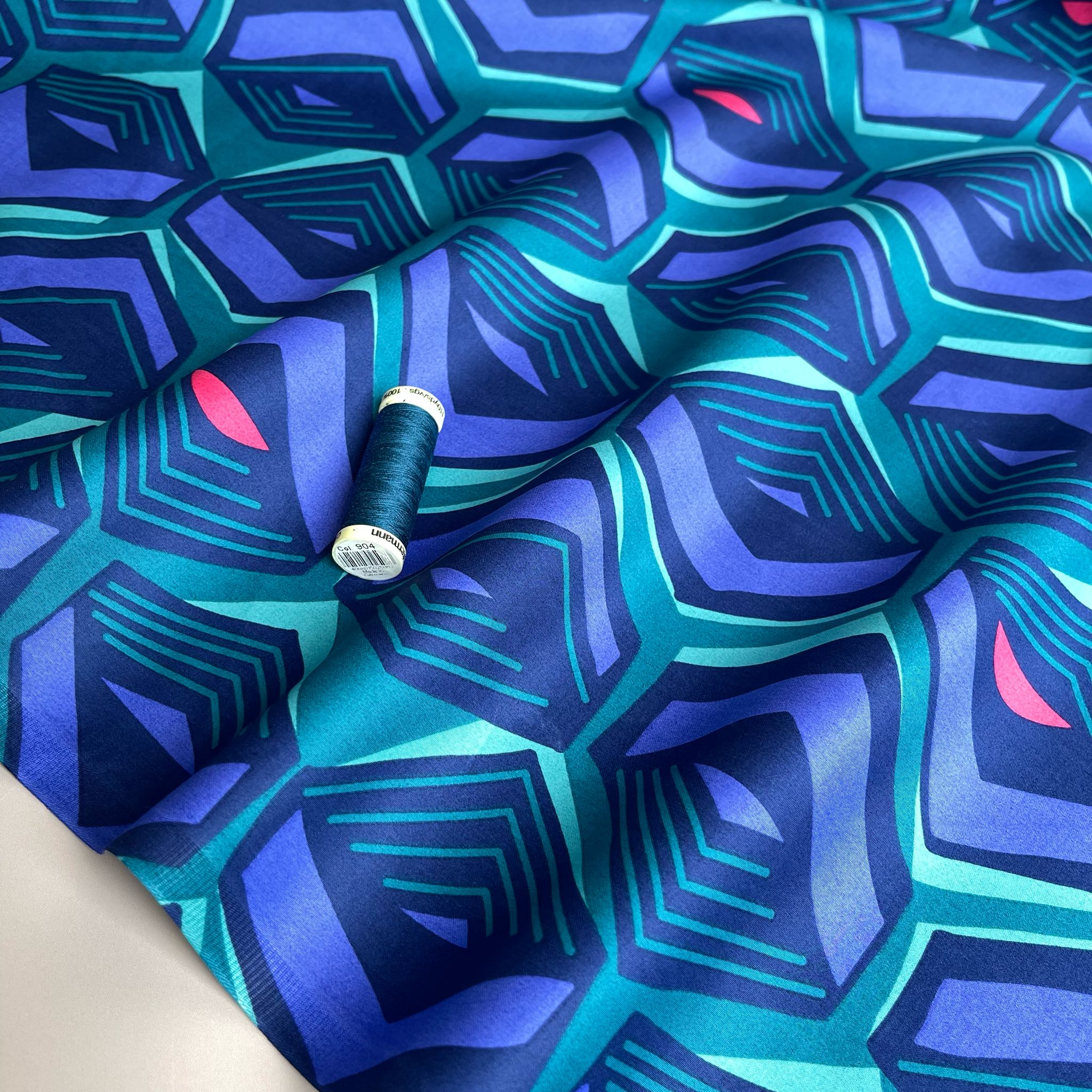 Geometric Teal Cotton Sateen Fabric