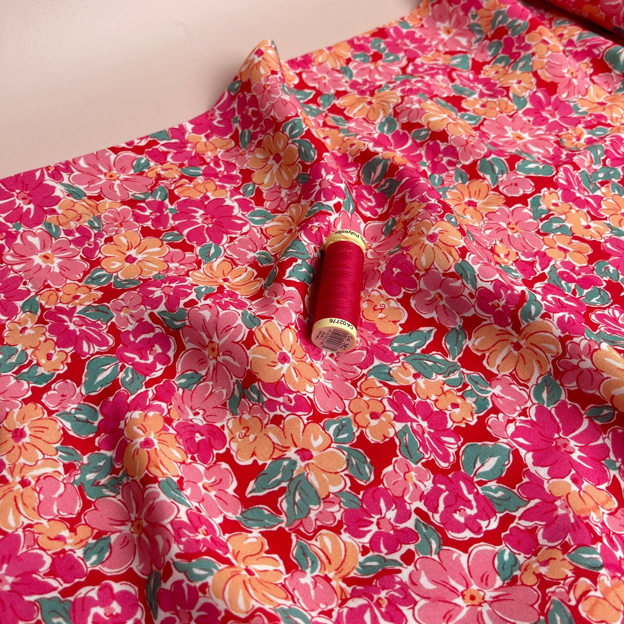 Meadow Flowers in Pink and Peach Viscose Fabric