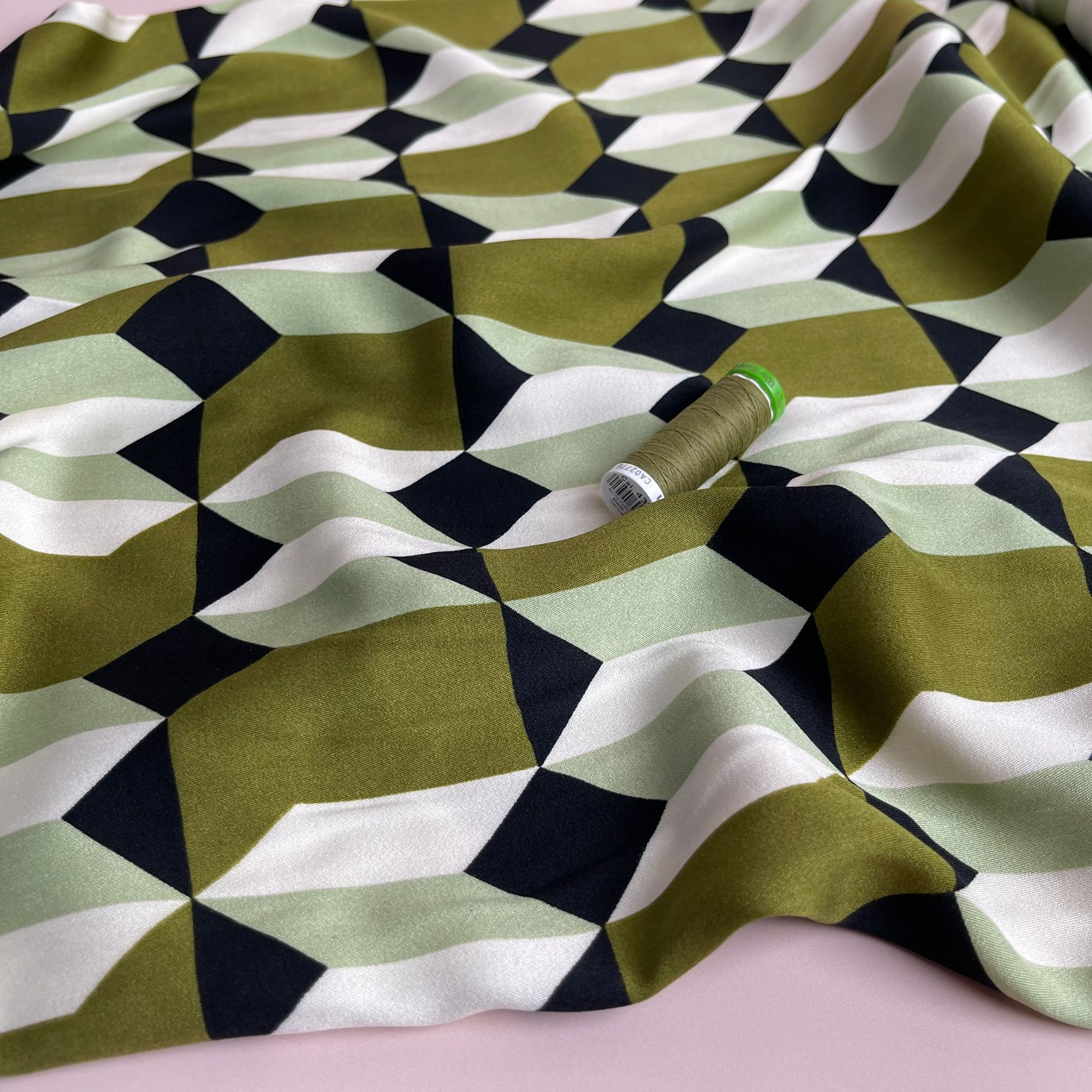 REMNANT 0.77 Metre - Abstract Shapes Olive Viscose Twill Sateen Fabric